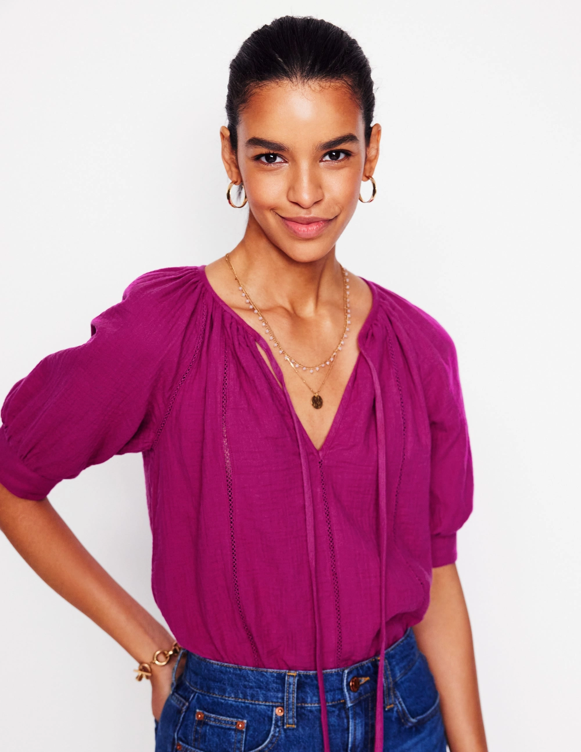 Trim Insert Double Cloth Top-Fuschia Casual and Soft