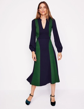 Square Neck Layering Piece Notch Abstract Ponte Dress-Navy, Glade