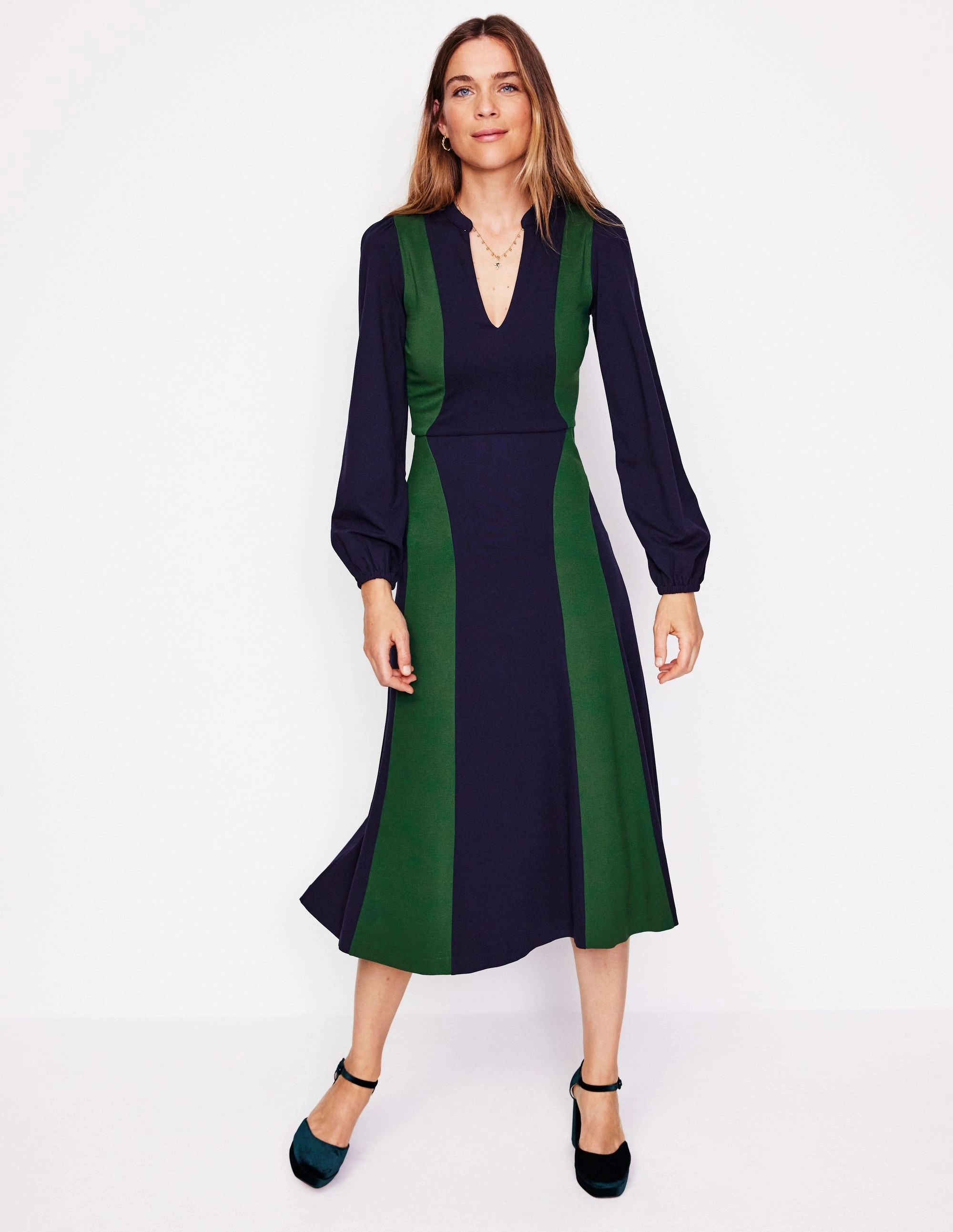 Square Neck Layering Piece Notch Abstract Ponte Dress-Navy, Glade