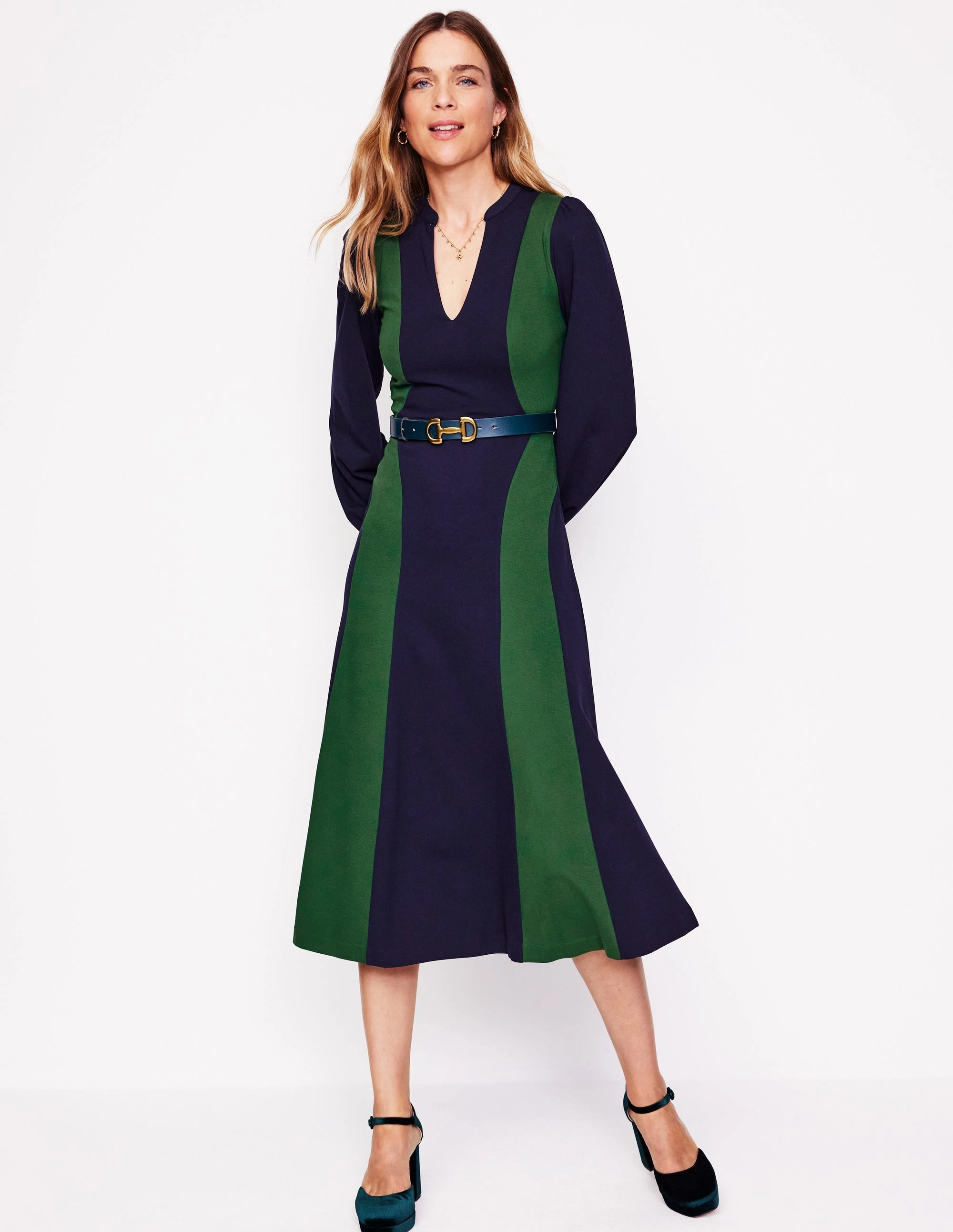 Notch Abstract Ponte Dress-Navy, Glade Fresh Flow Bishop-Sleeve