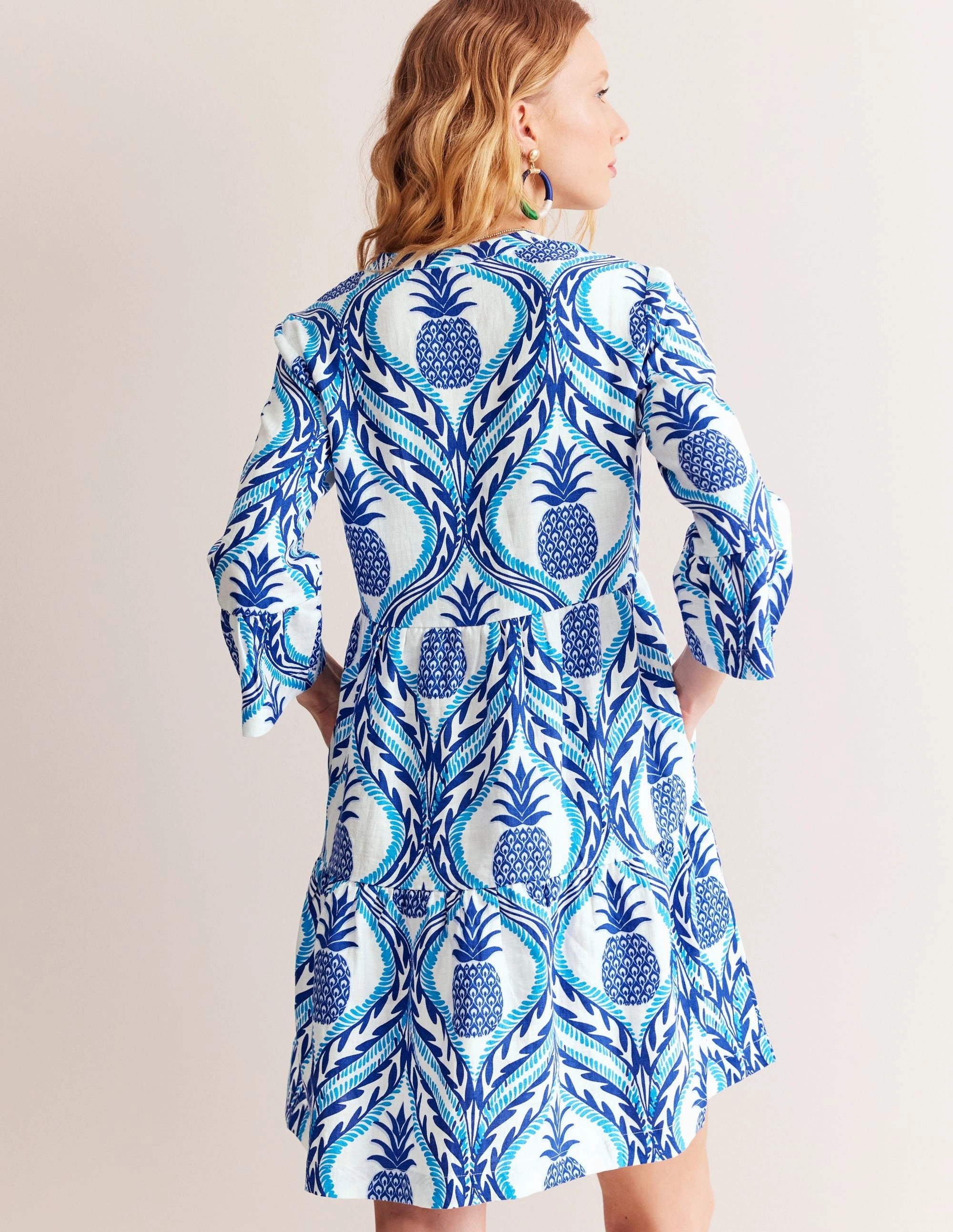 Trend Focused Sophia Linen Short Dress-Surf The Web, Pineapple Wave