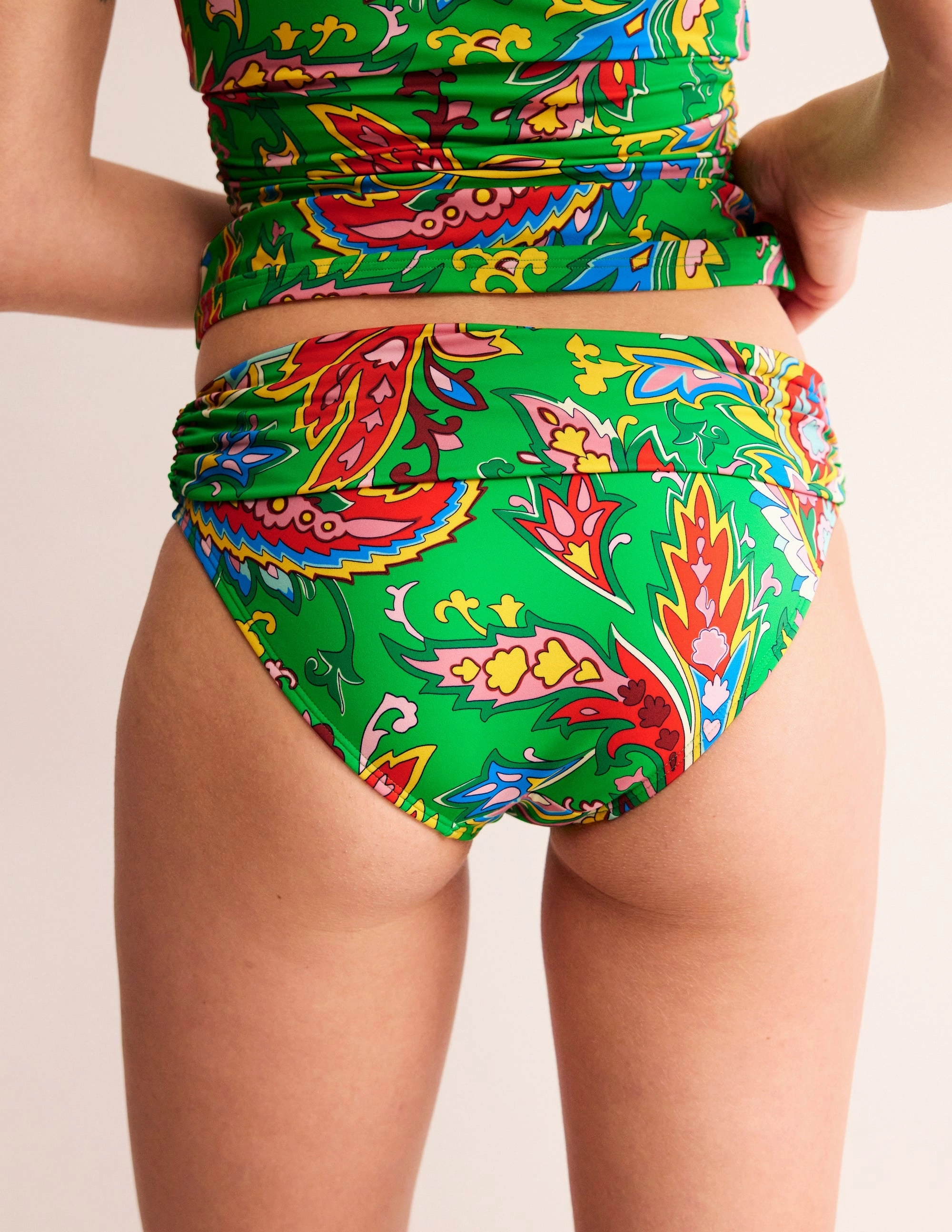 Mesh Lined Padding Classic Fold Bikini Bottoms-Kelly Green, Paisley Azure