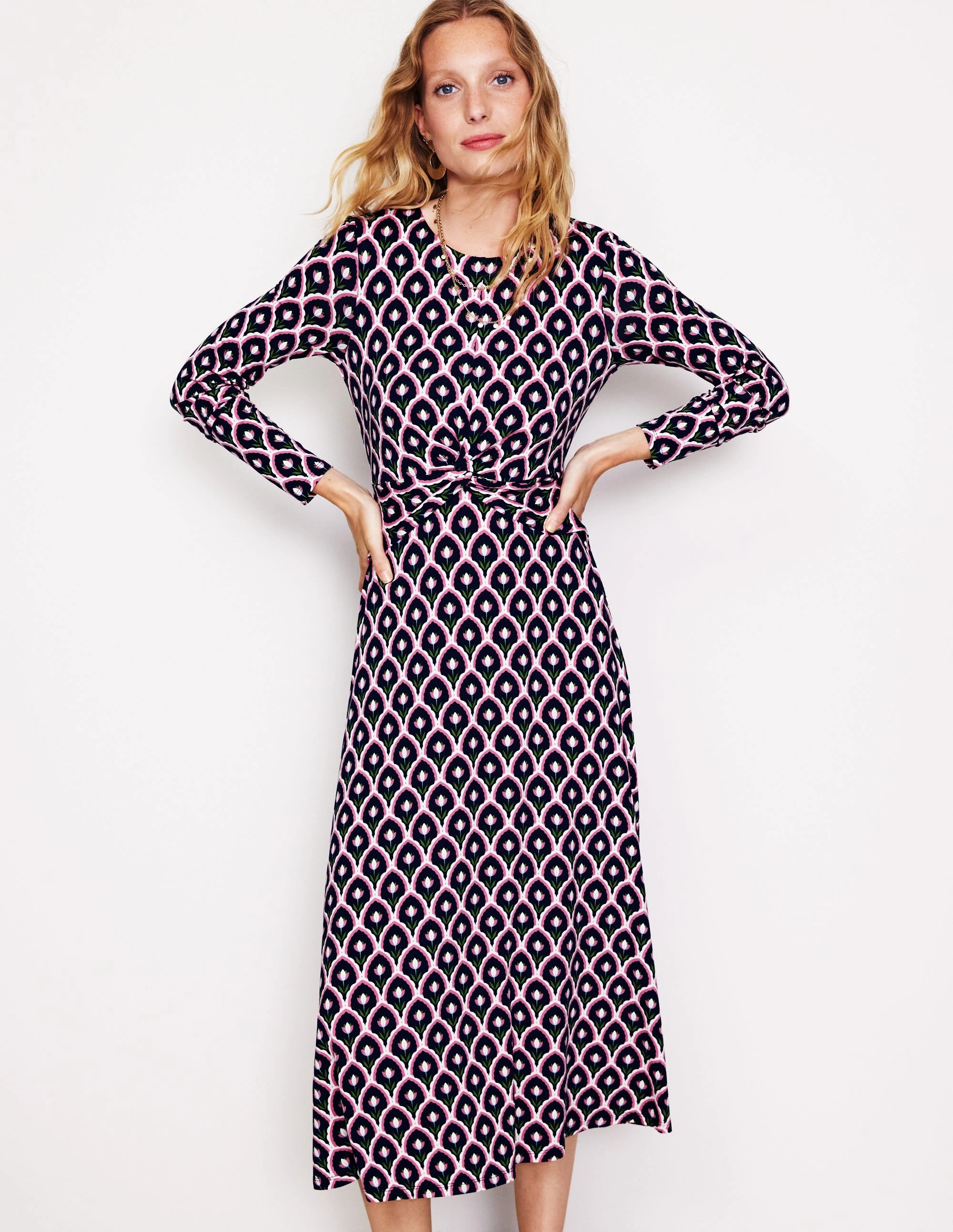 Twisted Waist Jersey Dress-Navy, Tulip Scallop Classic A-line design