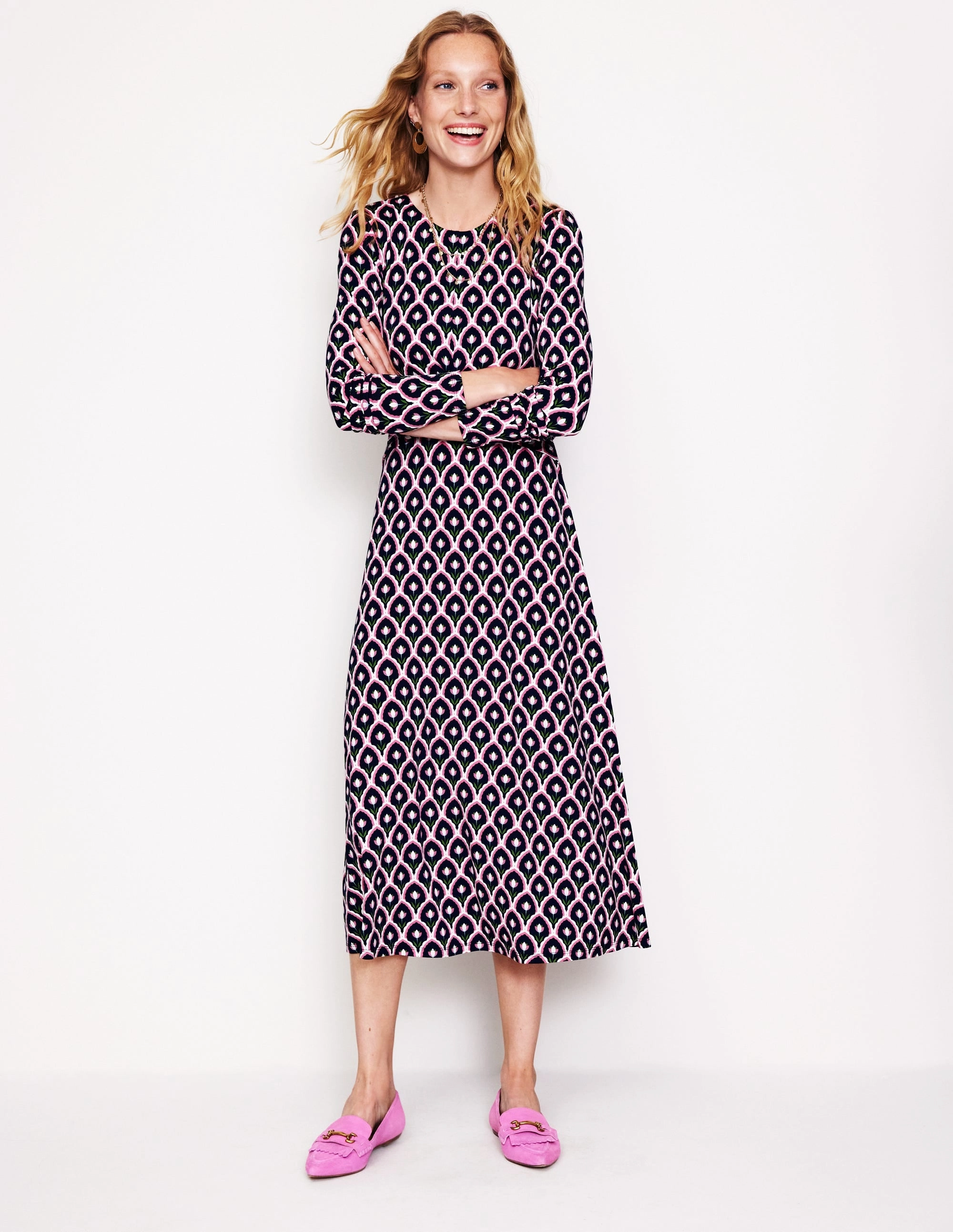 Trendy Design Luxury Feel Twisted Waist Jersey Dress-Navy, Tulip Scallop