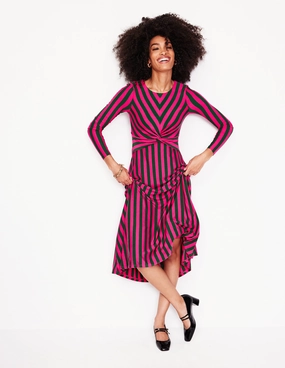 Twisted Waist Jersey Dress-Pink Peacock and Eden, Stripe Chill Design Glam Feel
