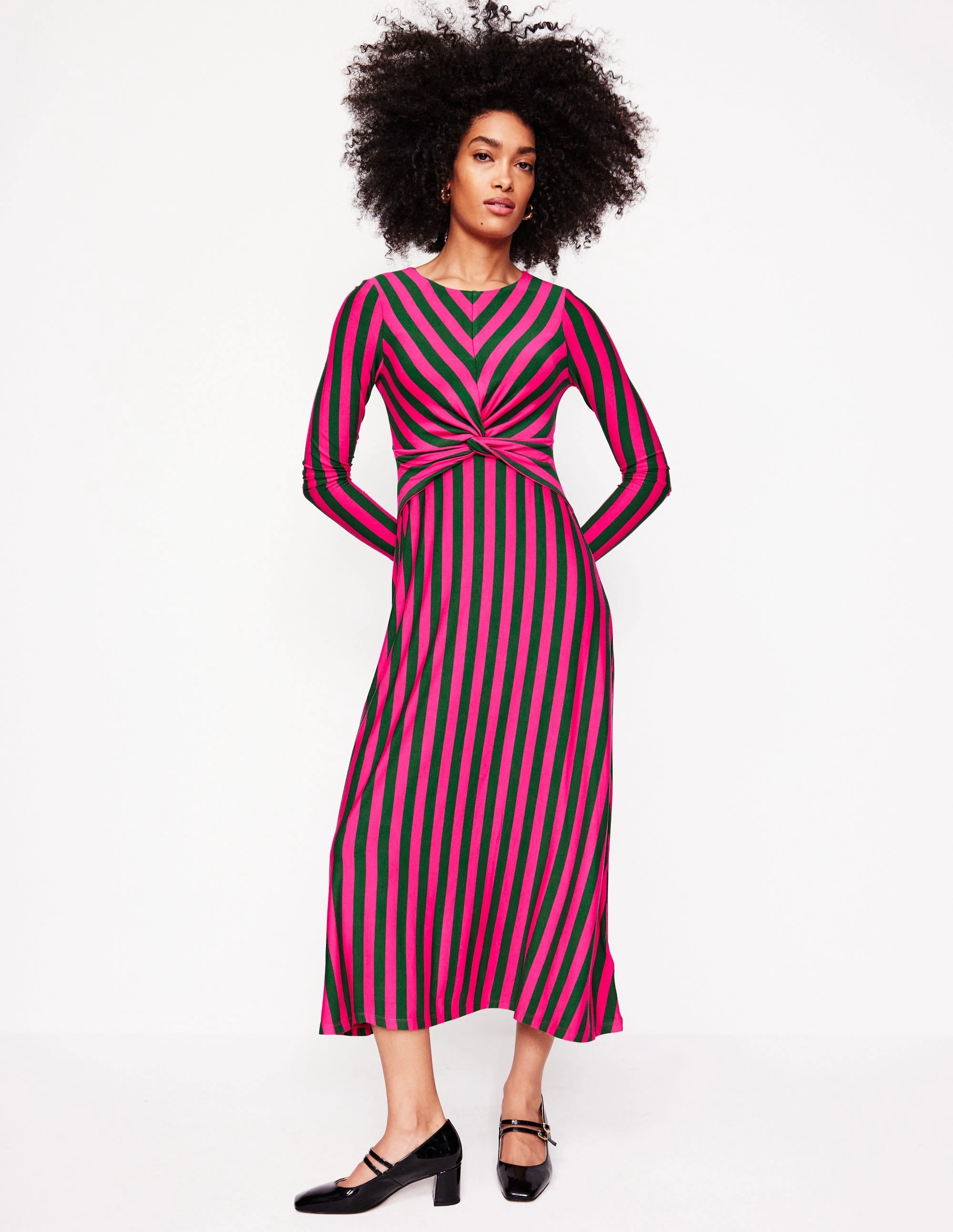 Twisted Waist Jersey Dress-Pink Peacock and Eden, Stripe Grass Soft