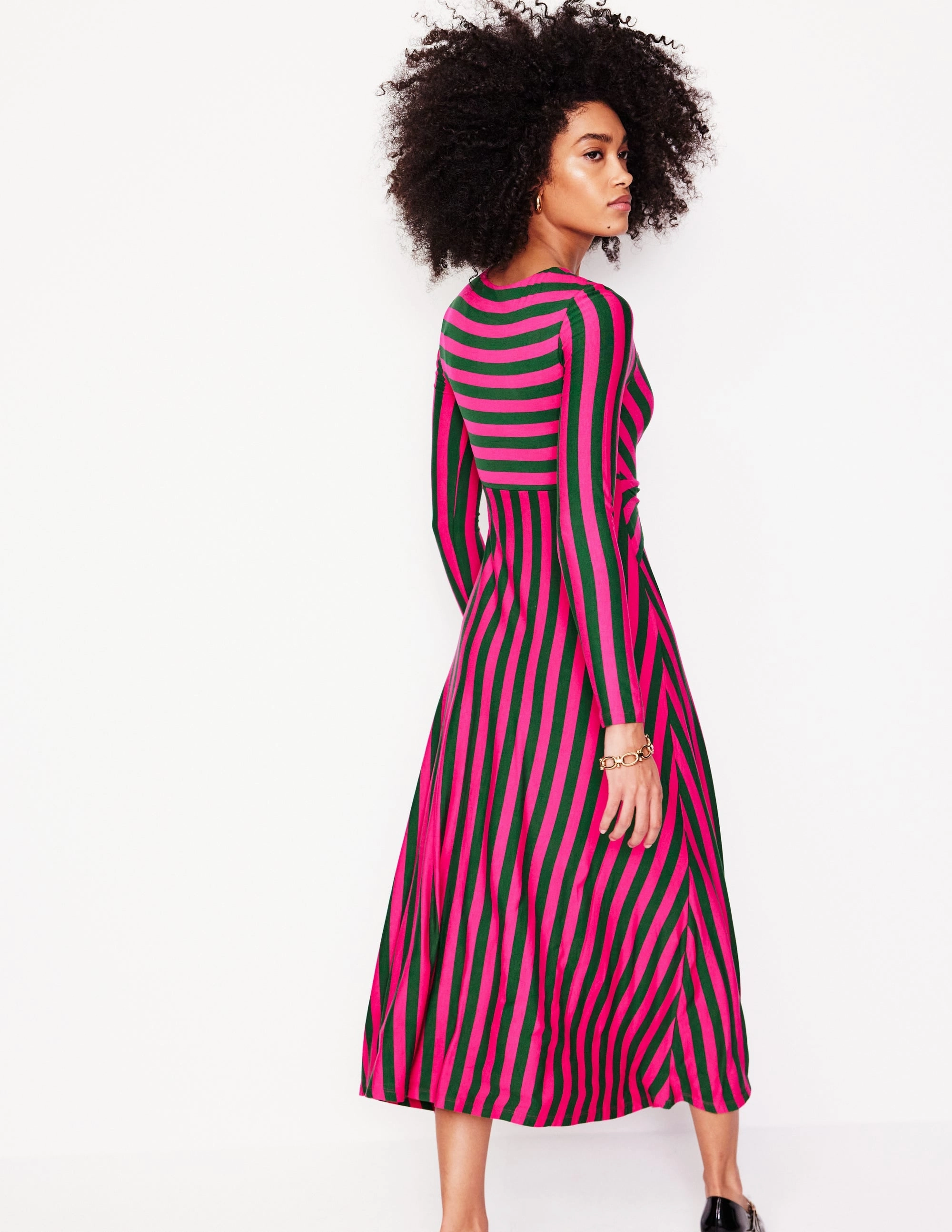 Fitted Mood Flattering and Effortless Twisted Waist Jersey Dress-Pink Peacock and Eden, Stripe