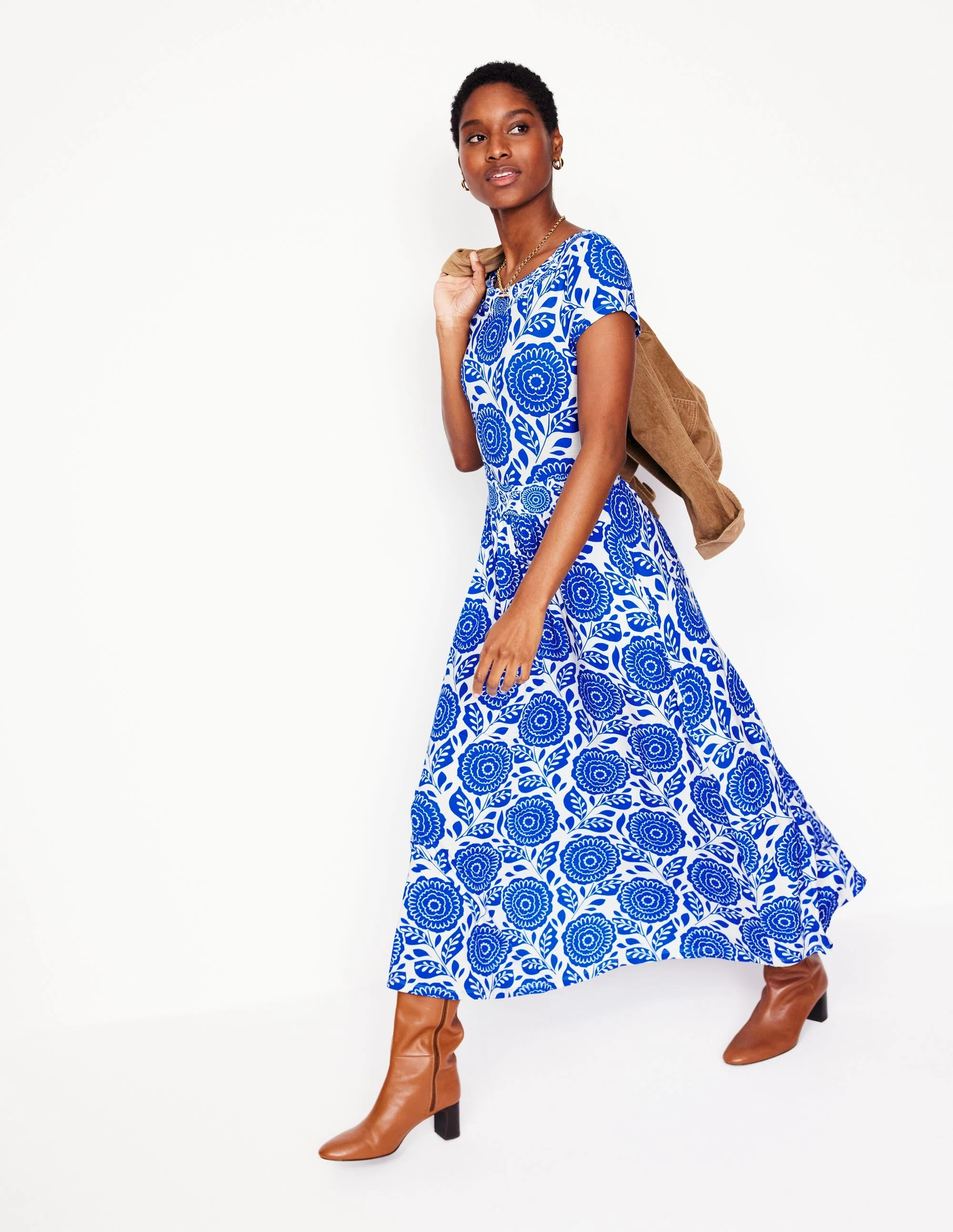 Melanie Jersey Midi Dress-Gallery Blue, Dahlia Stamp Happy Glow