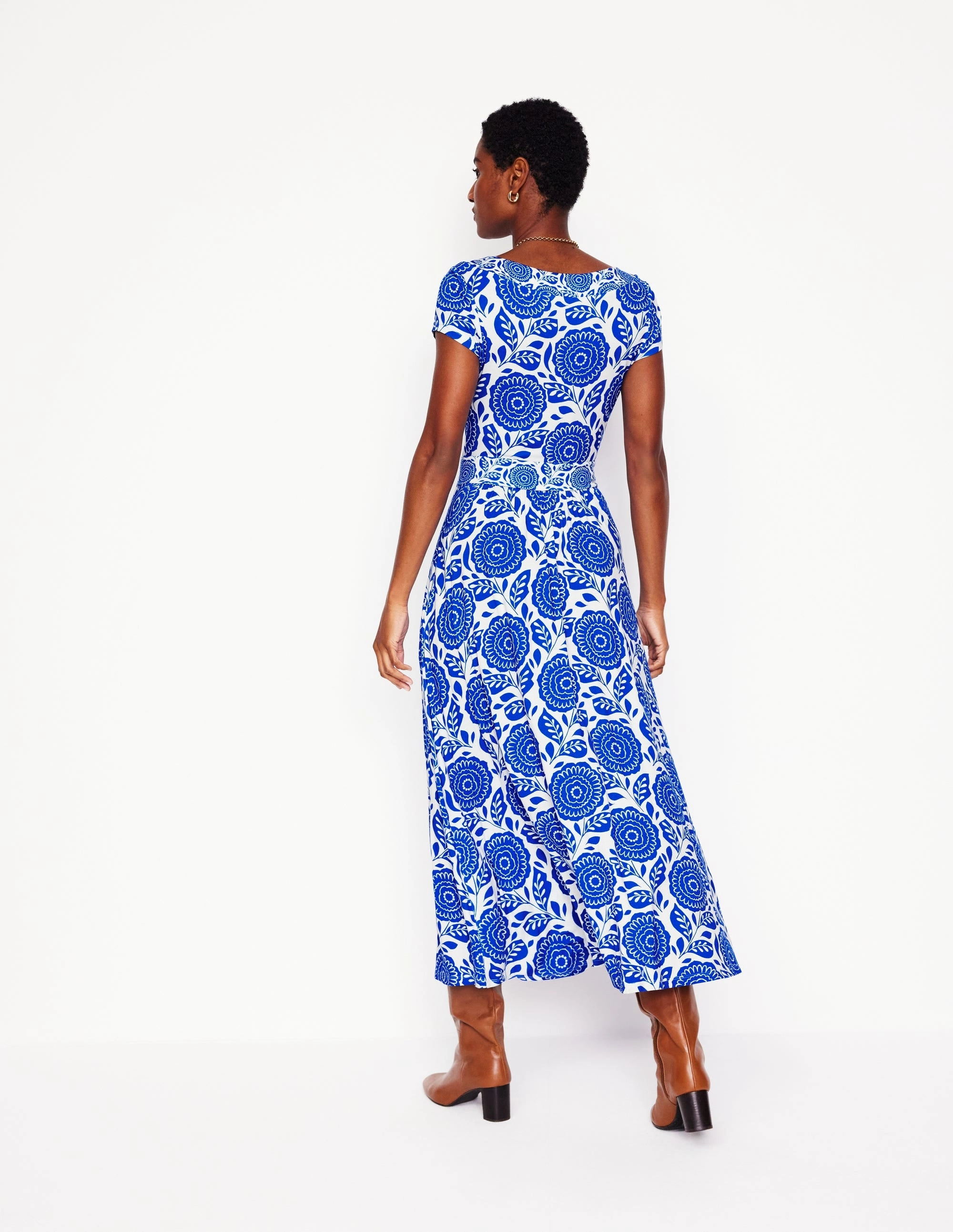 Flattering Shape Wear Melanie Jersey Midi Dress-Gallery Blue, Dahlia Stamp