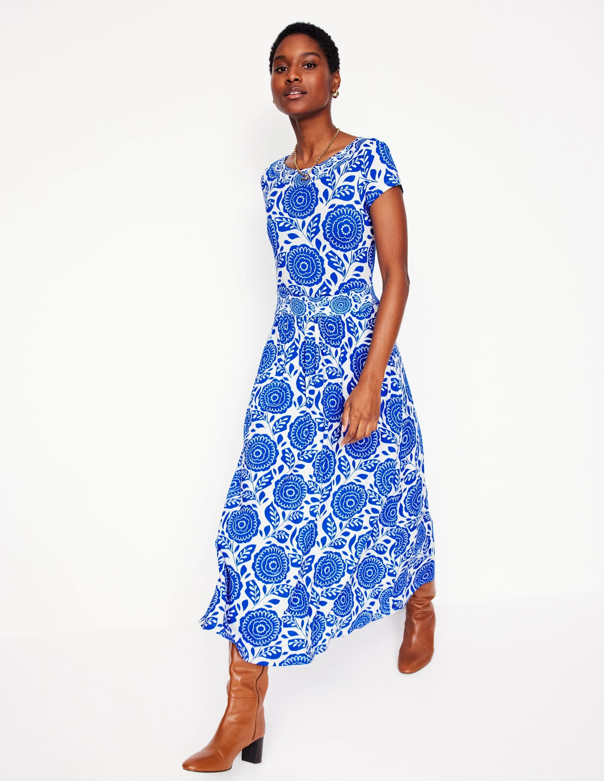 Melanie Jersey Midi Dress-Gallery Blue, Dahlia Stamp Bold colors