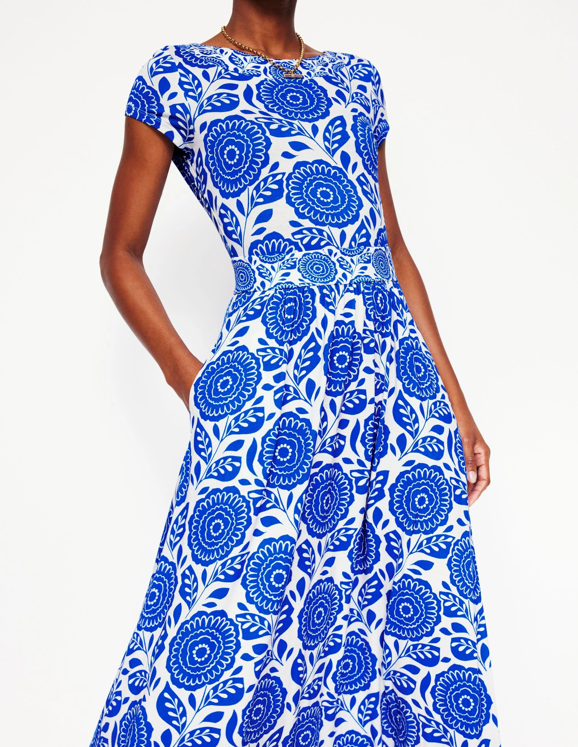 Cocktail-Party Melanie Jersey Midi Dress-Gallery Blue, Dahlia Stamp