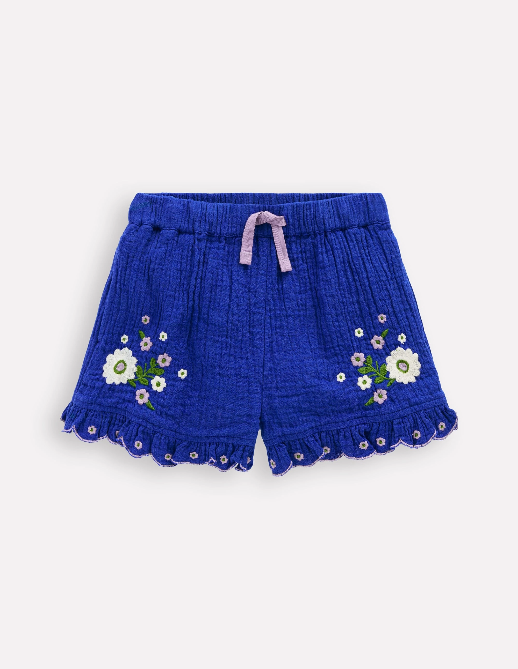 Double Cloth Frill Hem Shorts-Bright Blue Embroidered Warm Day Outfit Mother's Day gift