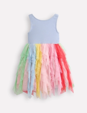 Jewel Tones Subtle Lines Jersey Tulle Mix Dress-Misty Blue Rainbow