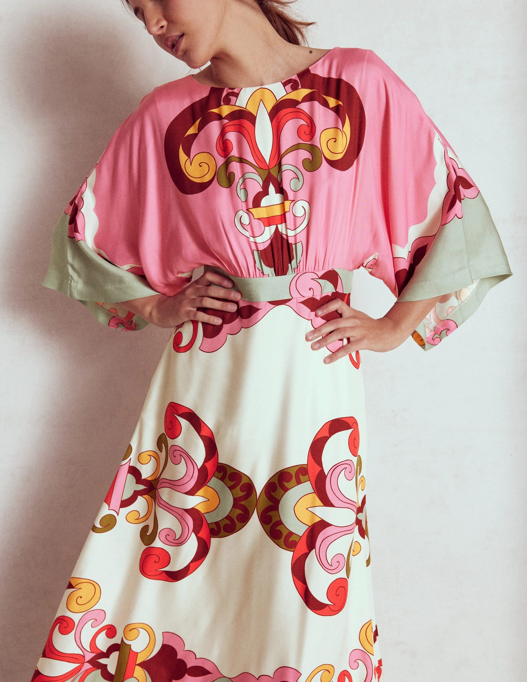 Casual Look Chic Tailoring Flute Sleeve Midi Dress-Pink Rose, Ornate Reflection