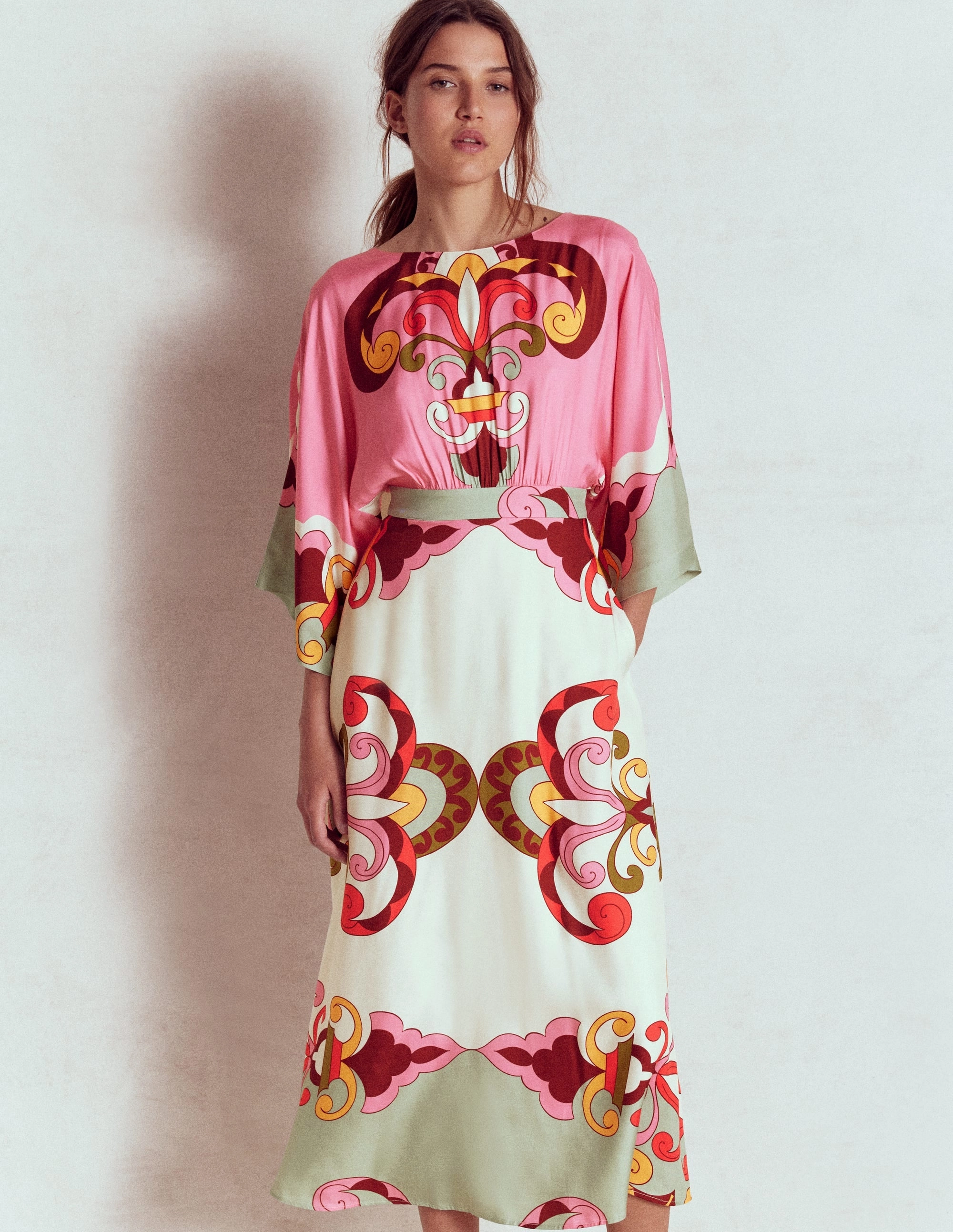 Flute Sleeve Midi Dress-Pink Rose, Ornate Reflection Gender Fluid Seasonal Fit