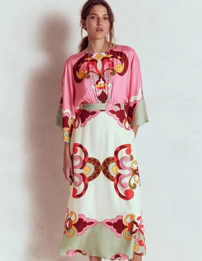 Flute Sleeve Midi Dress-Pink Rose, Ornate Reflection Gender Fluid Seasonal Fit