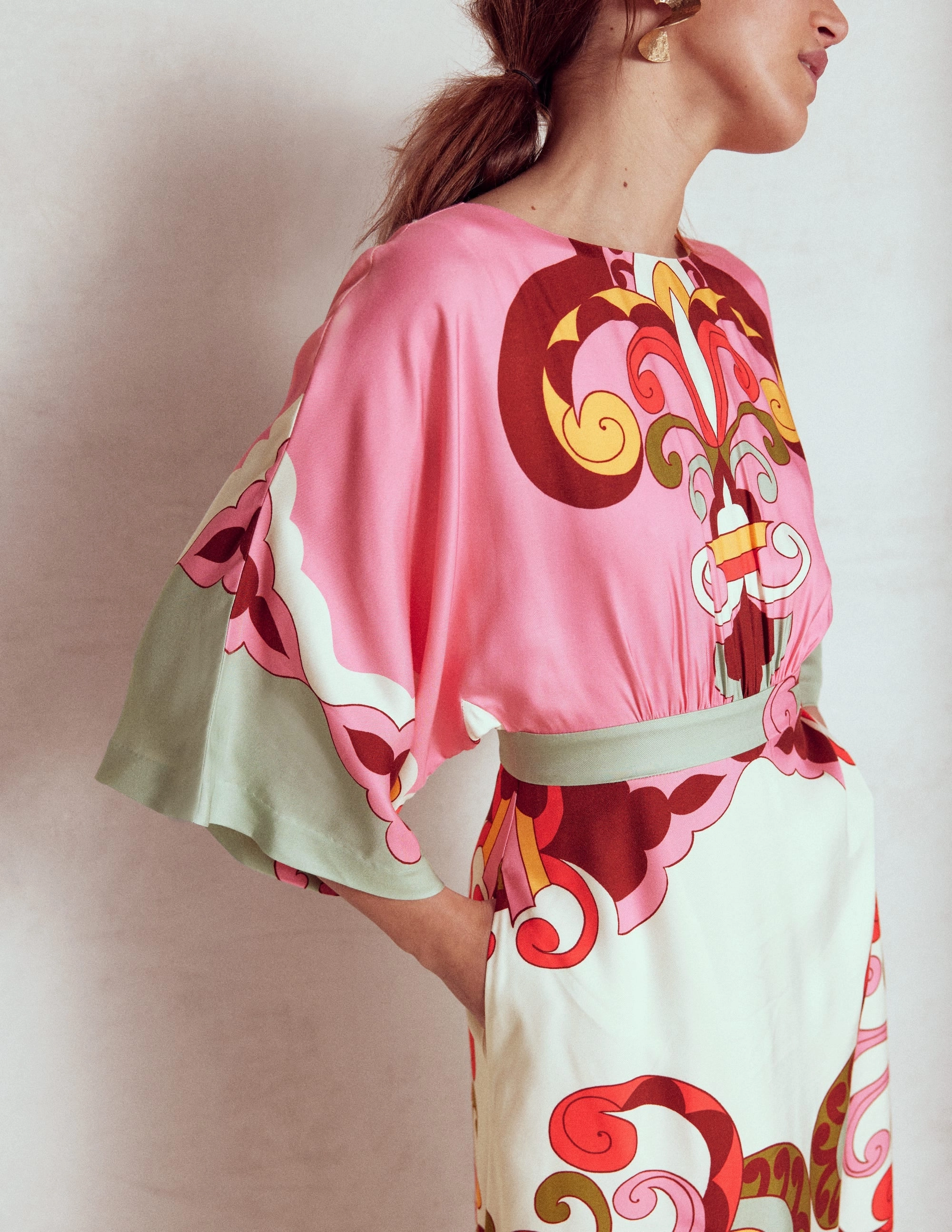 Flute Sleeve Midi Dress-Pink Rose, Ornate Reflection Bold Patterns