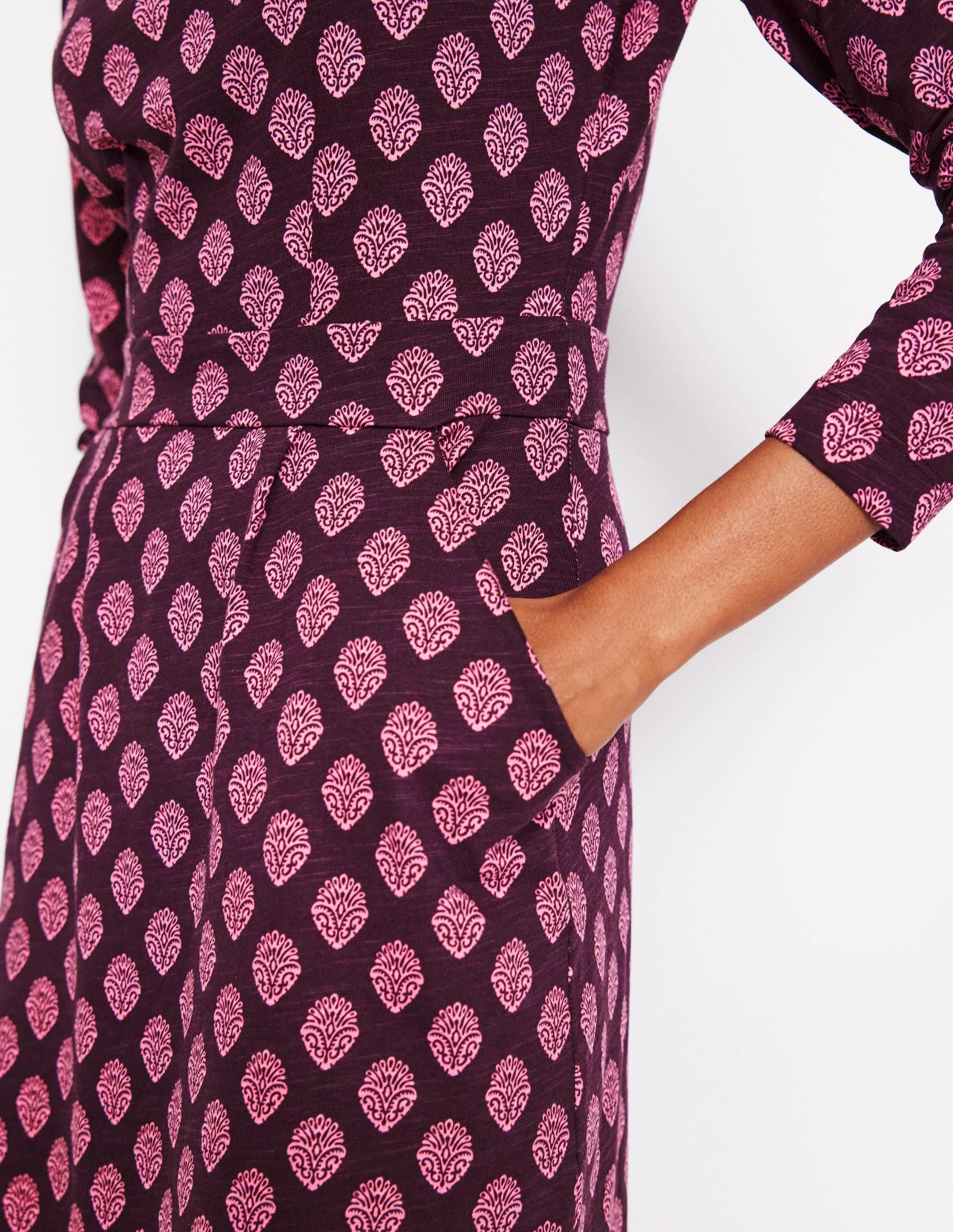 Jewel Accent Florrie Long Sleeve Dress-Fig, Ornate Stamp