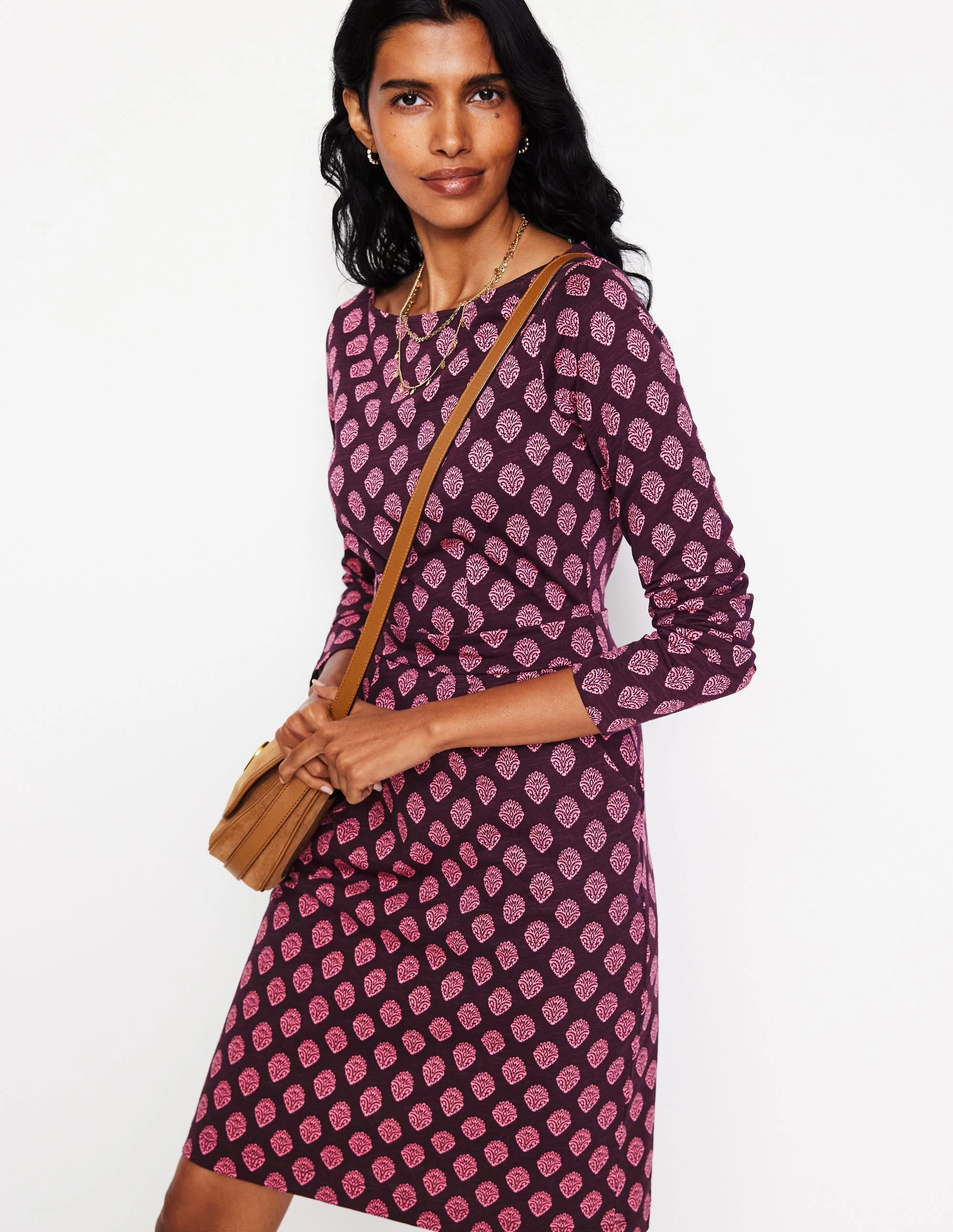 Subtle Lines Flowing Texture Florrie Long Sleeve Dress-Fig, Ornate Stamp