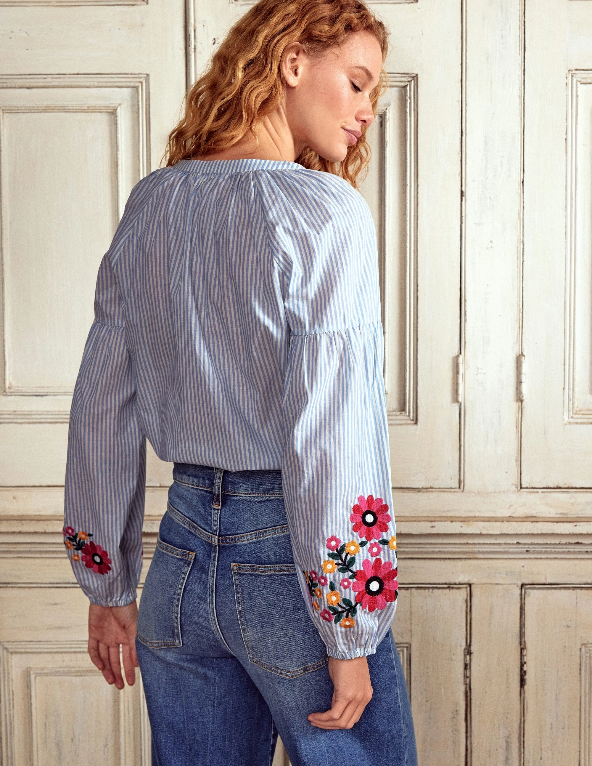 Raglan Embroidered Cotton Top-Ivory, Navy Stripe All Day Wear V neck elegance