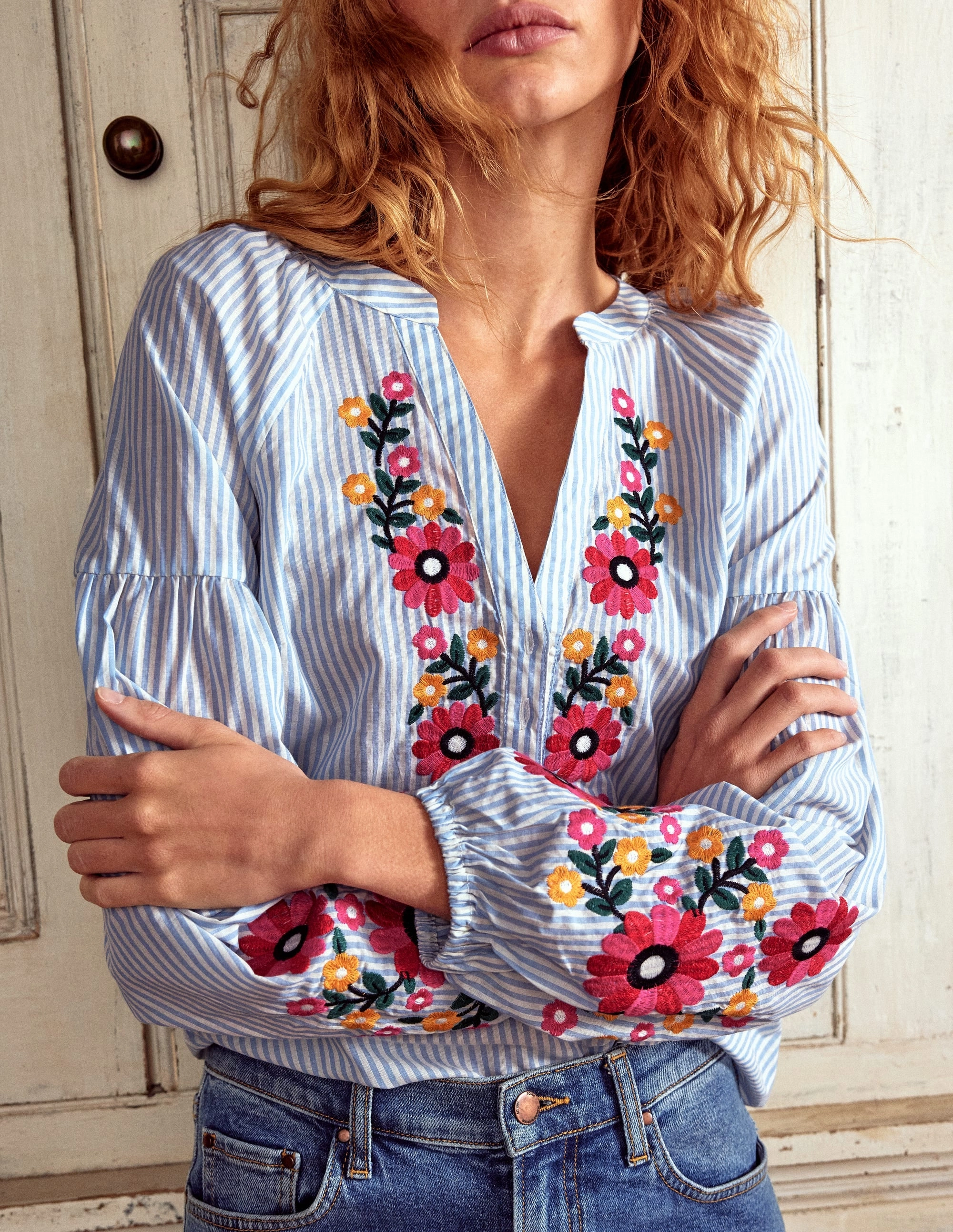 Soft Lining Anti Pilling Treatment Raglan Embroidered Cotton Top-Ivory, Navy Stripe