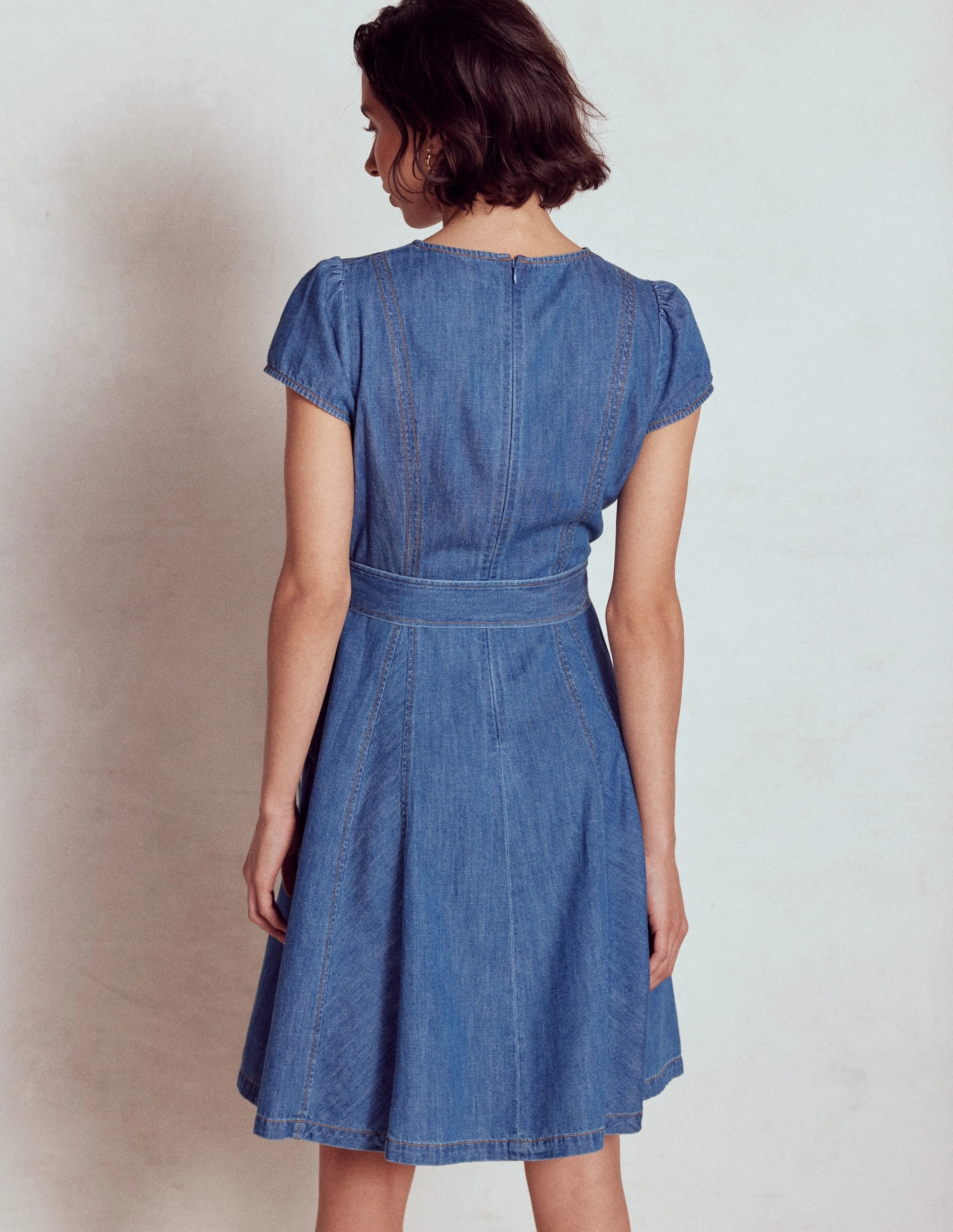 Travel Ready Imo Denim Godet Short Dress-Mid Vintage Denim