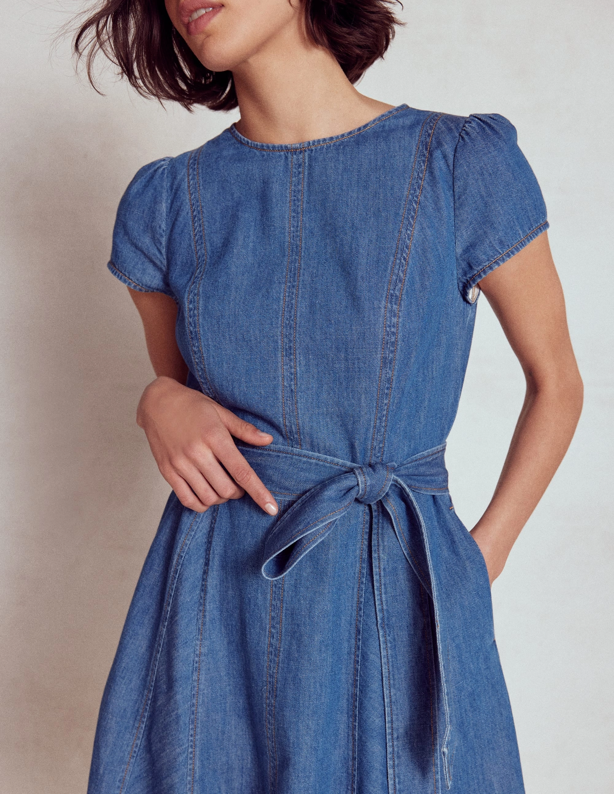 Imo Denim Godet Short Dress-Mid Vintage Denim Sunset Scene
