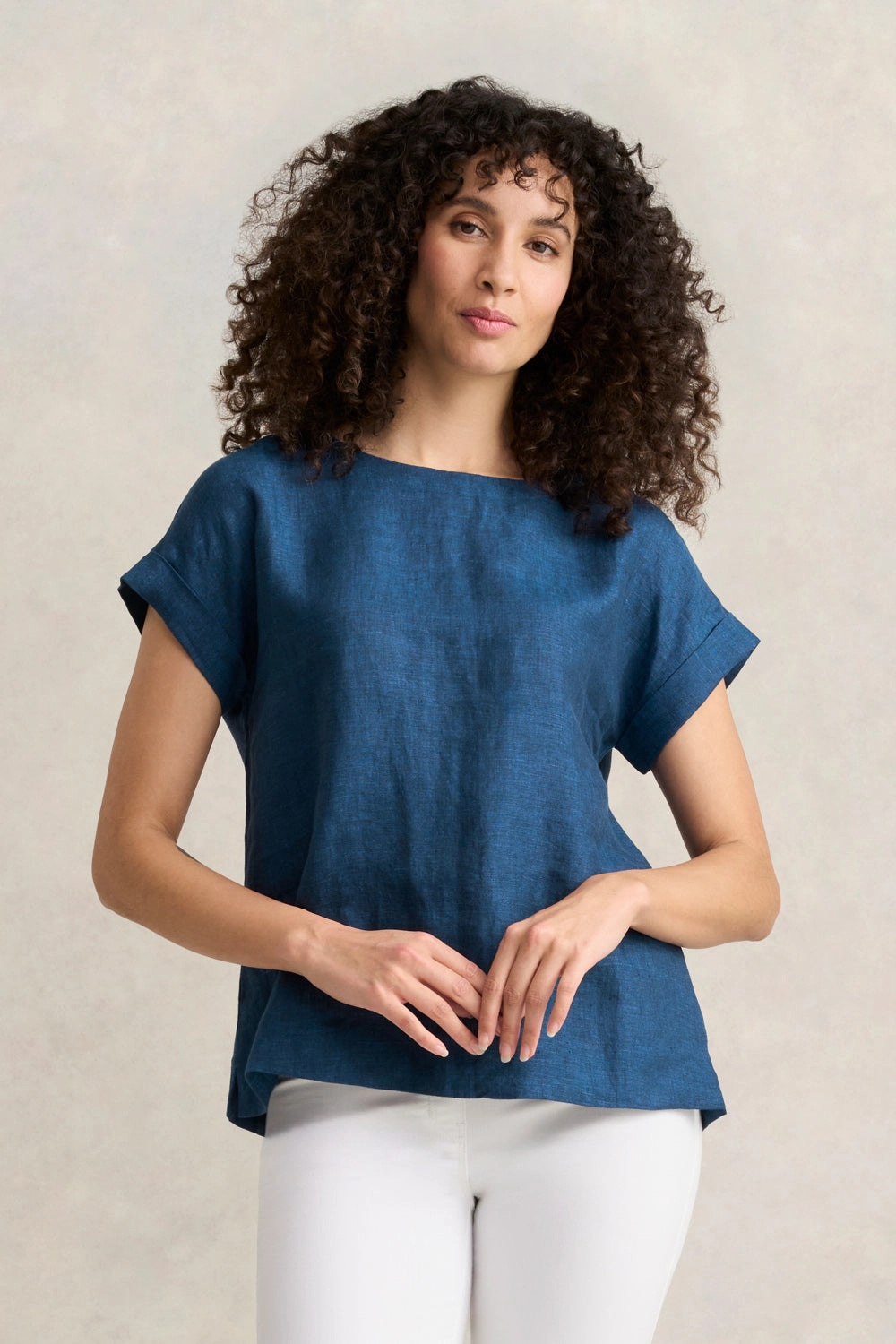 FrictionReducing Buttery Soft Handfeel Linen Button Back Top - Navy Delave