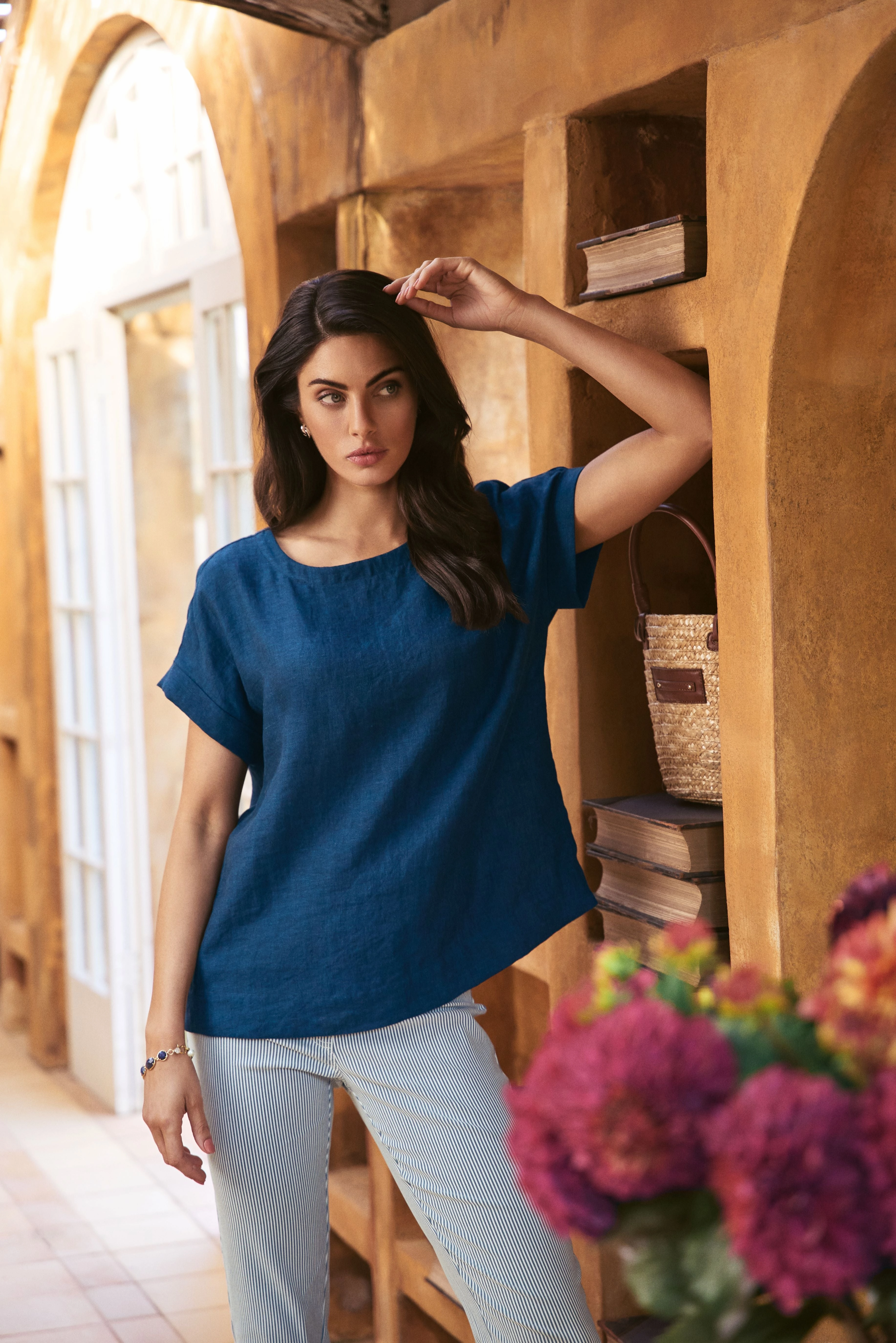 Fashionable Style Linen Button Back Top - Navy Delave