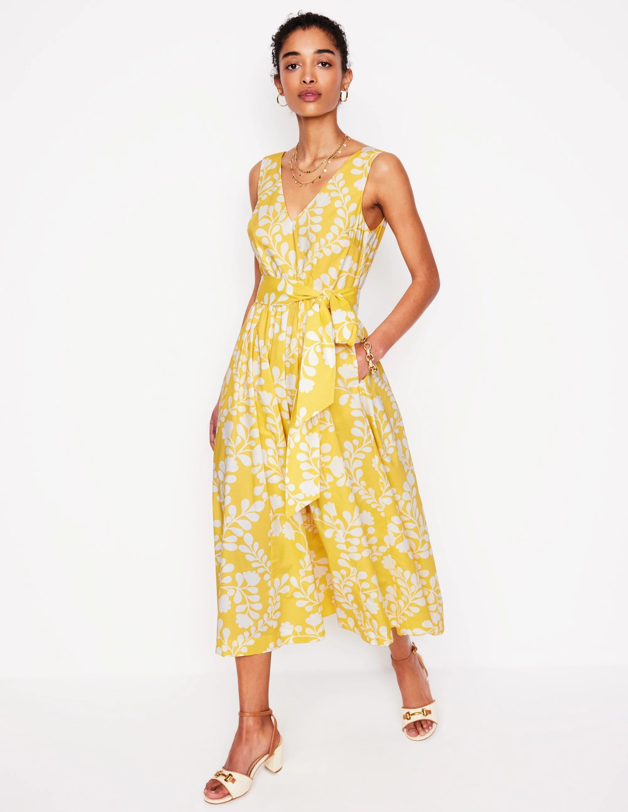 Soft Harmony V-Neck Belted Flare Dress-Yellow, Vine Silhouette