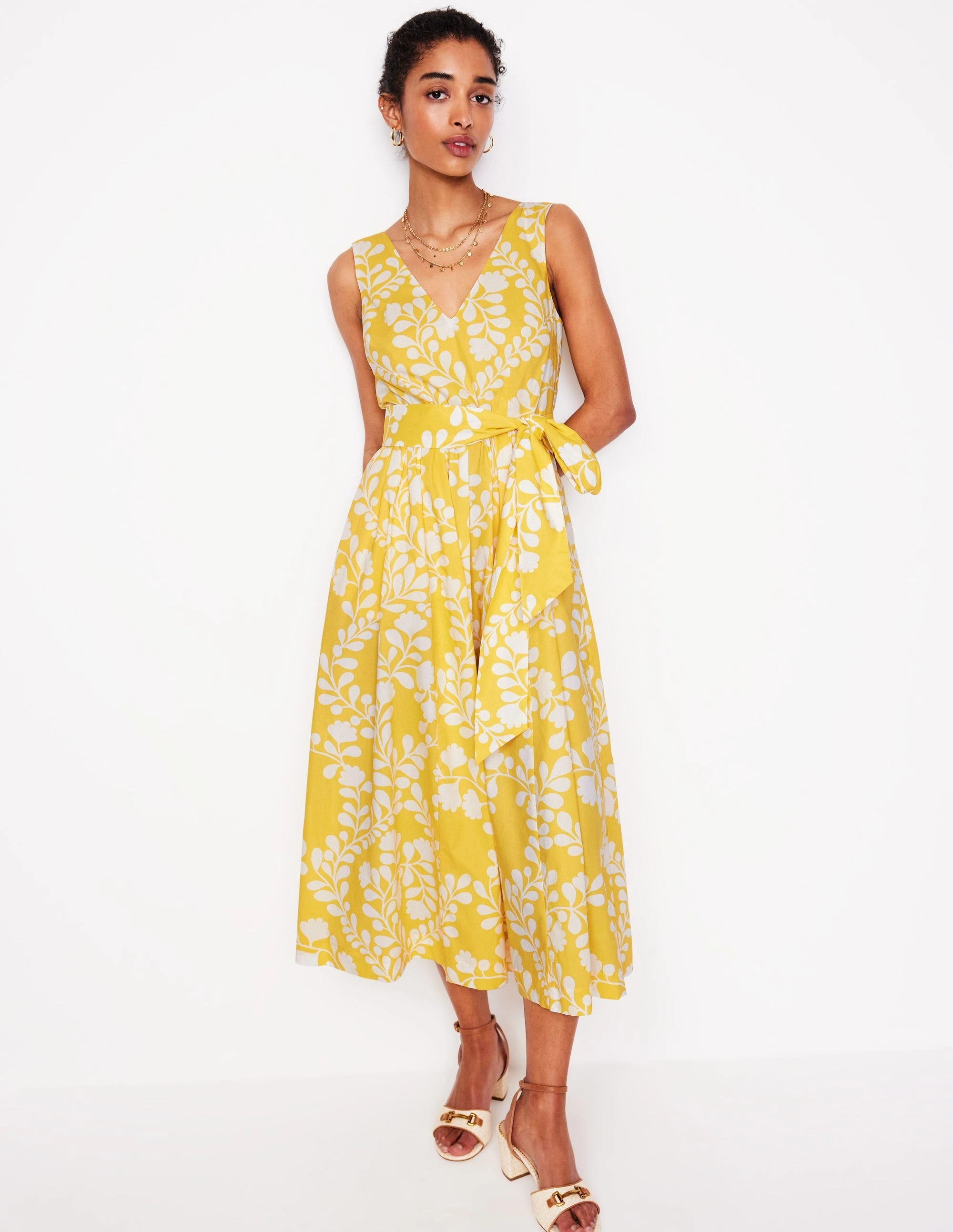 V-Neck Belted Flare Dress-Yellow, Vine Silhouette Moment Soft Timeless Style