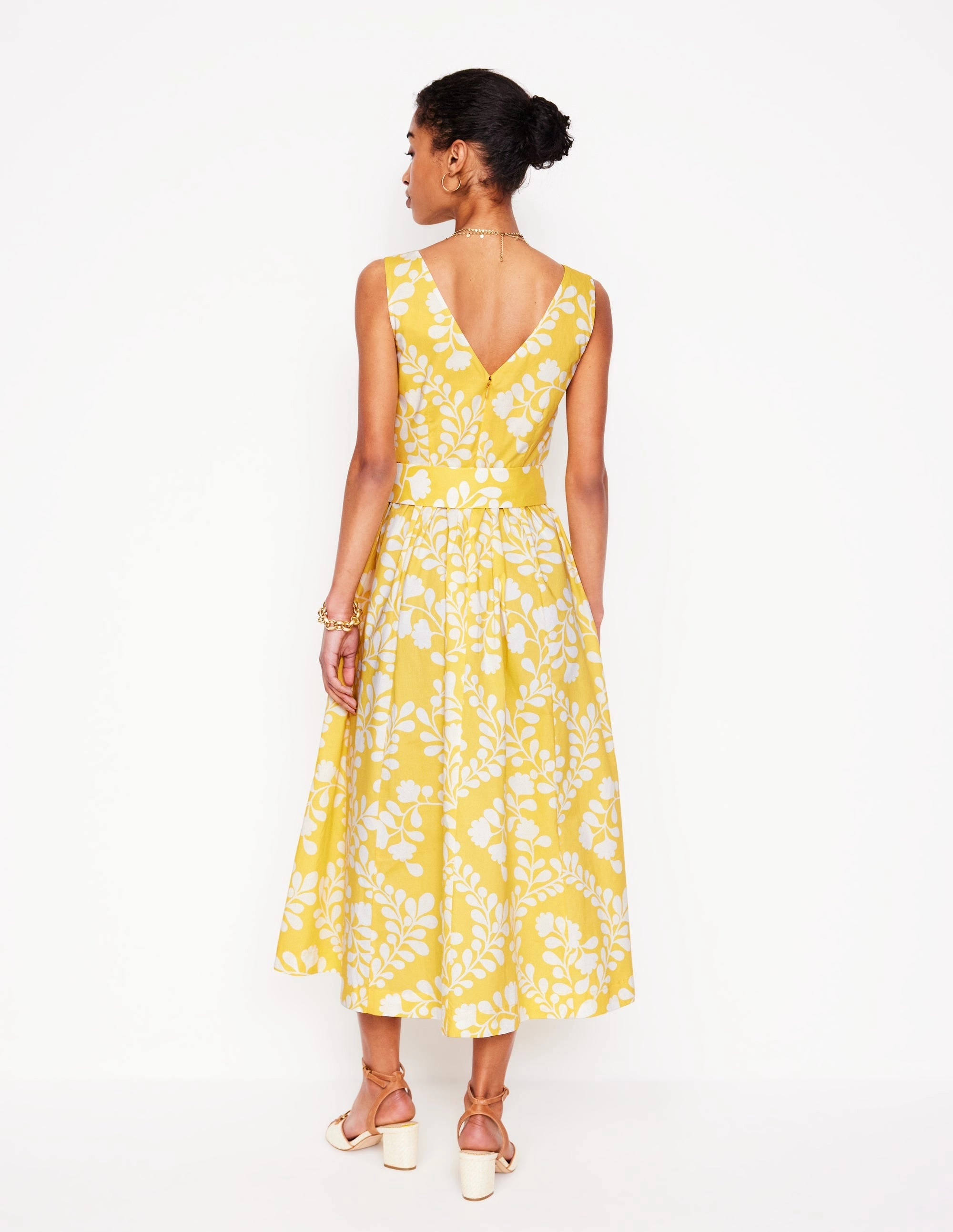 V-Neck Belted Flare Dress-Yellow, Vine Silhouette Soft Tones