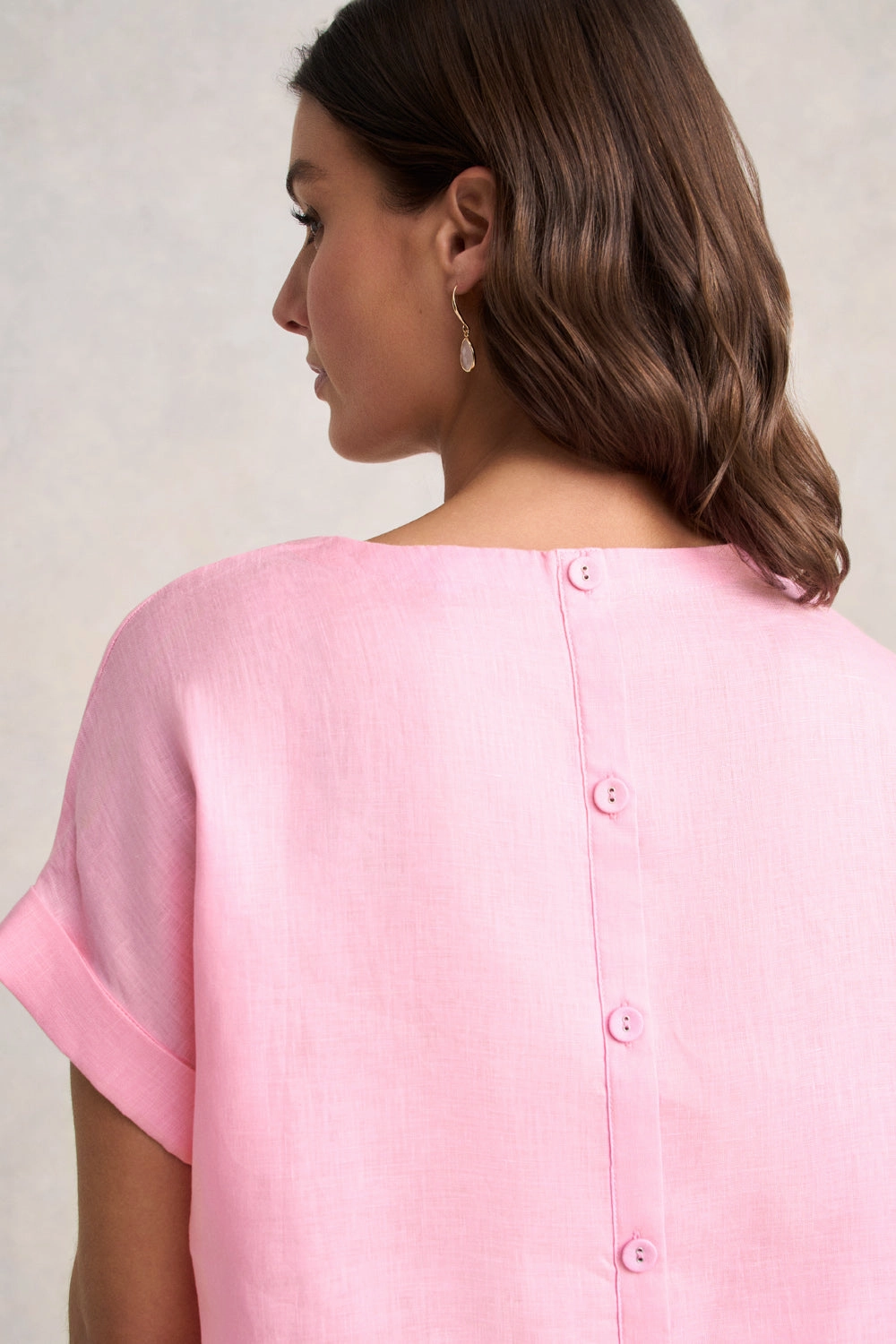 V-Neck Button Back Top - Petal Pink Stretch Knit Fabric