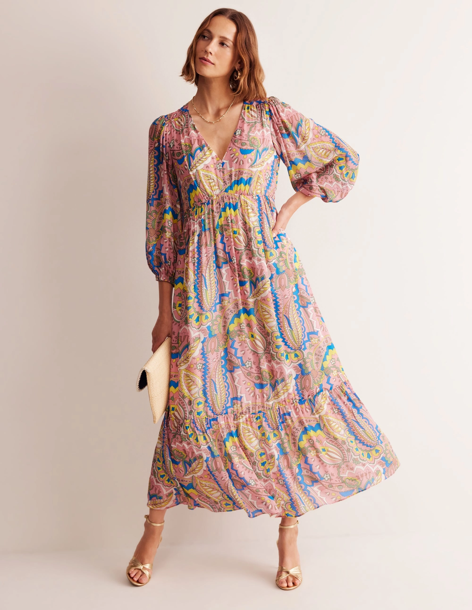 Soft cotton dress V Neck Puff Maxi Dress-Multi, Foliage Paisley
