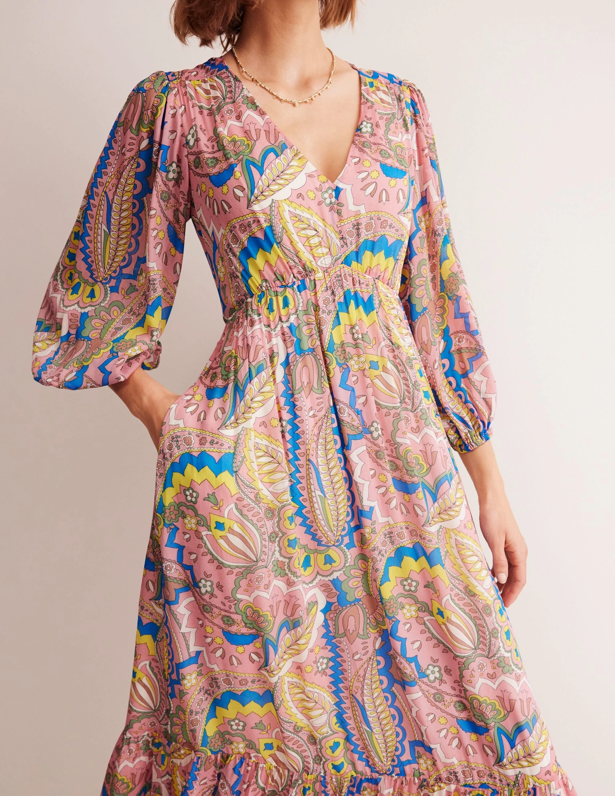 V Neck Puff Maxi Dress-Multi, Foliage Paisley BreathableLining