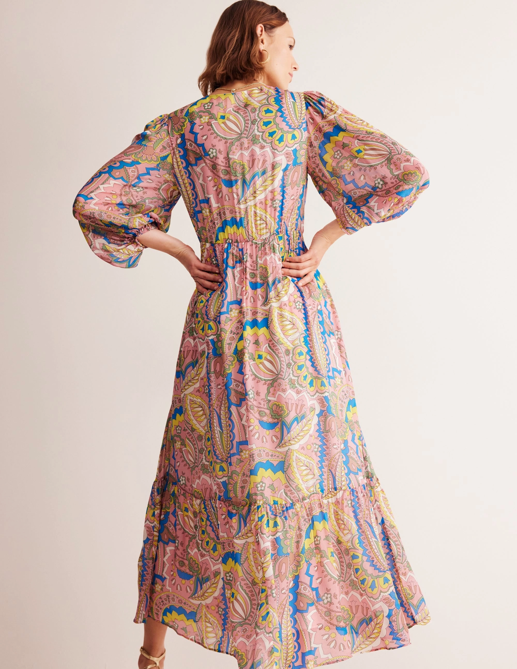 Trend Glow V Neck Puff Maxi Dress-Multi, Foliage Paisley