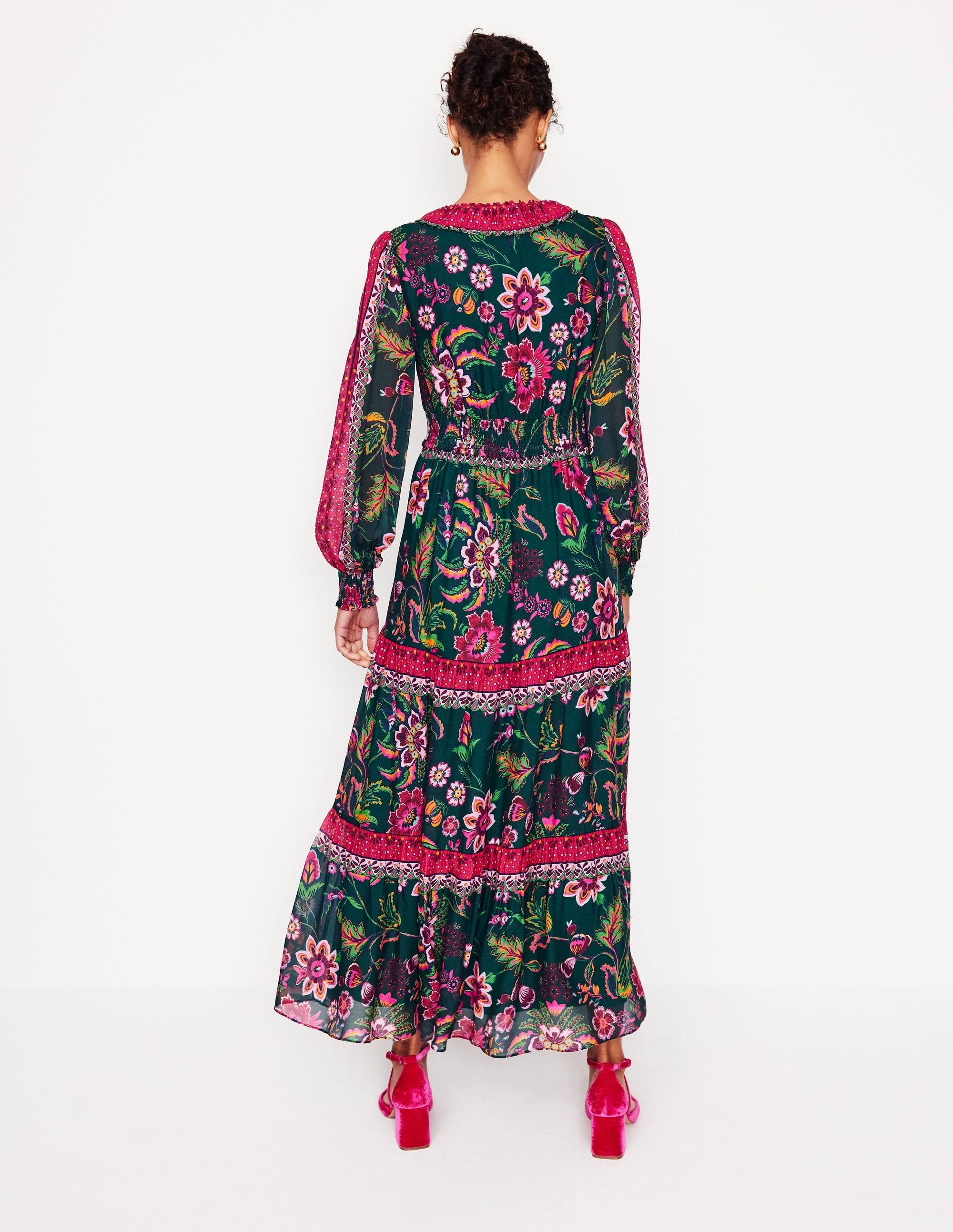 Light Base MoistureWickingTechnology V-Neck Ruffle Maxi Dress-Multi, Blossom Flourish