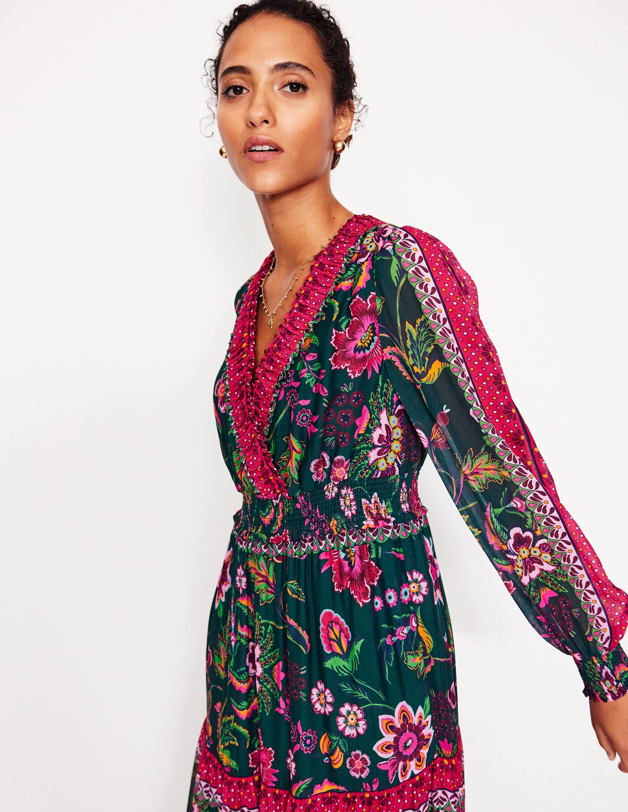 ruffle trim Contemporary Design V-Neck Ruffle Maxi Dress-Multi, Blossom Flourish