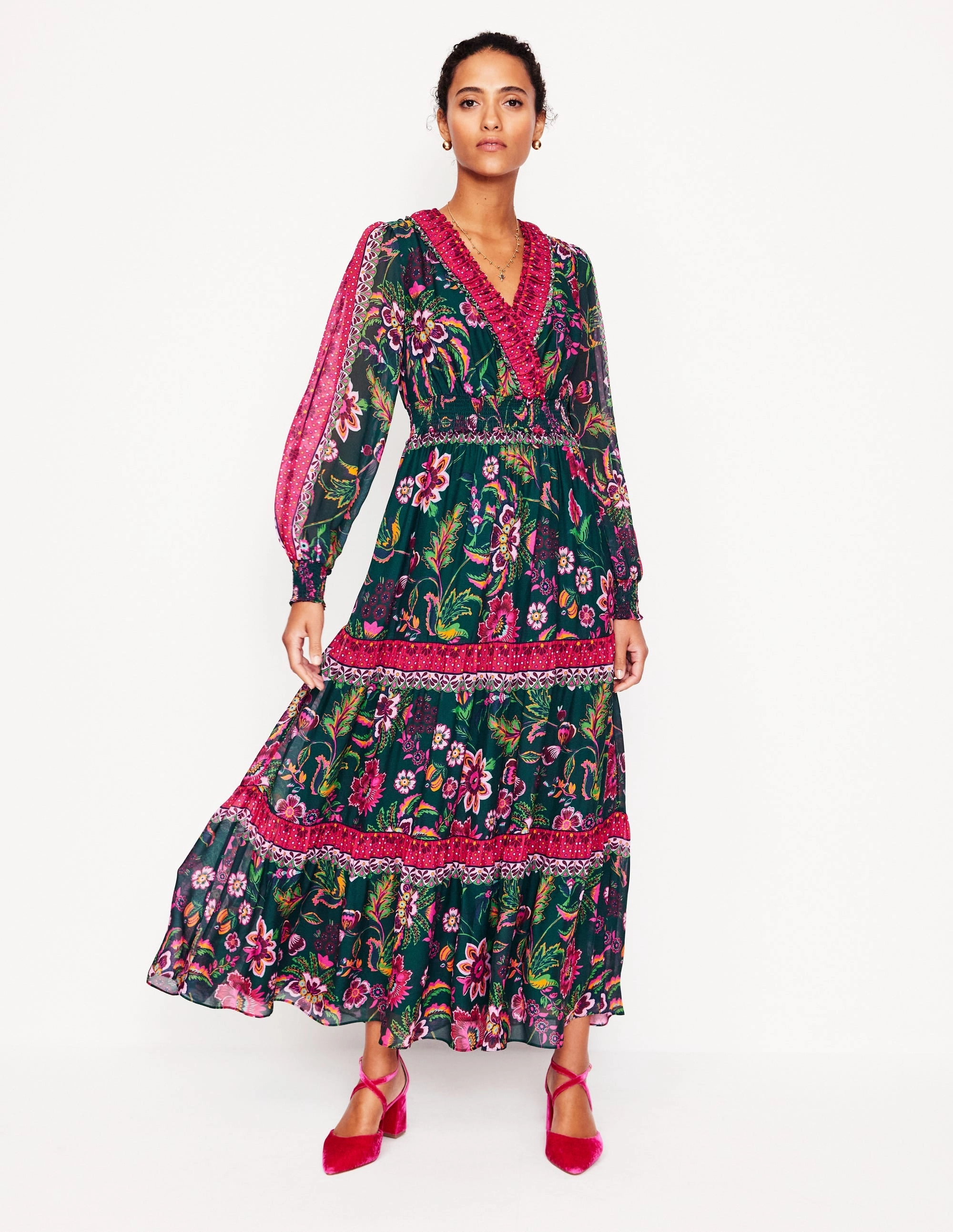 Classic A-line design V-Neck Ruffle Maxi Dress-Multi, Blossom Flourish