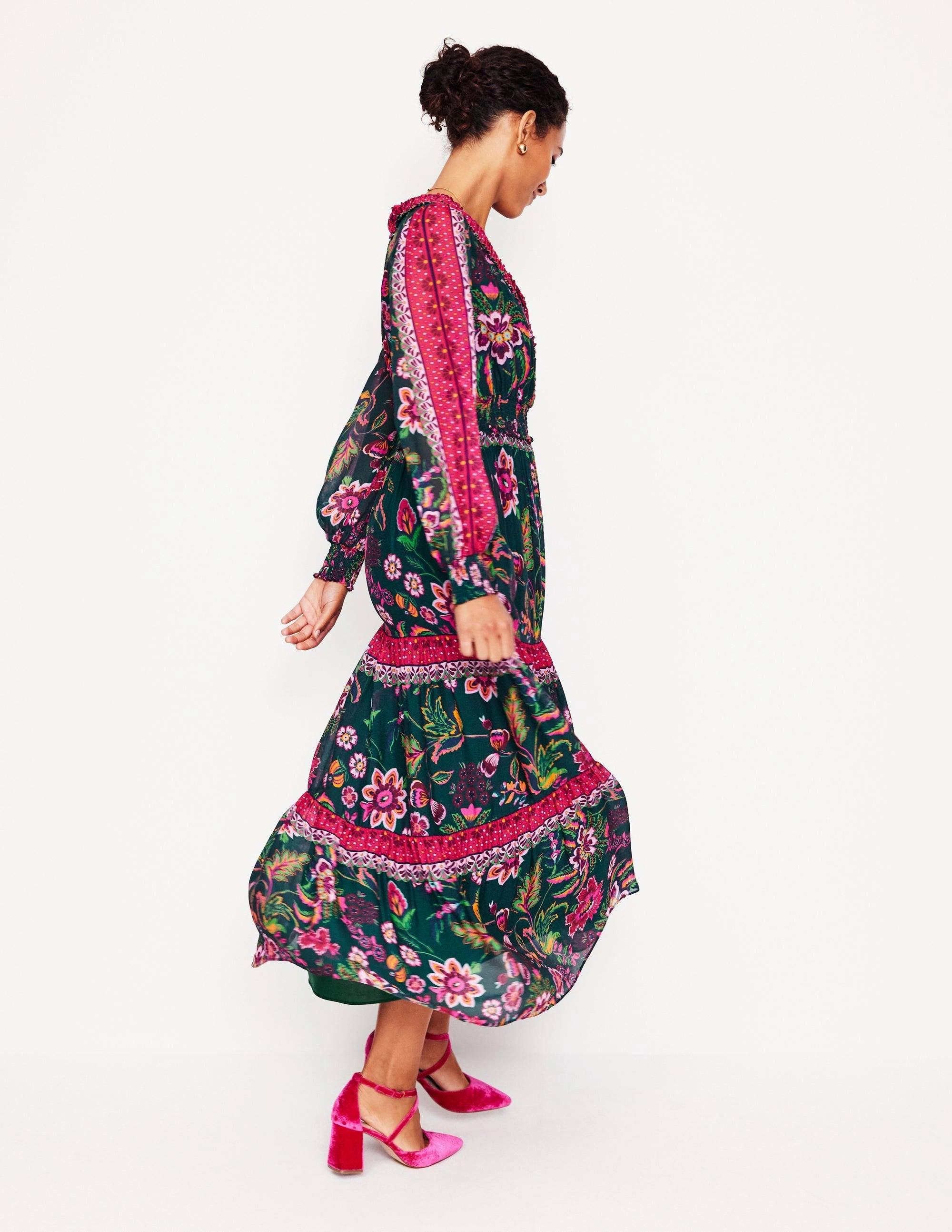 V-Neck Ruffle Maxi Dress-Multi, Blossom Flourish Cold-Shoulder Walk Mood