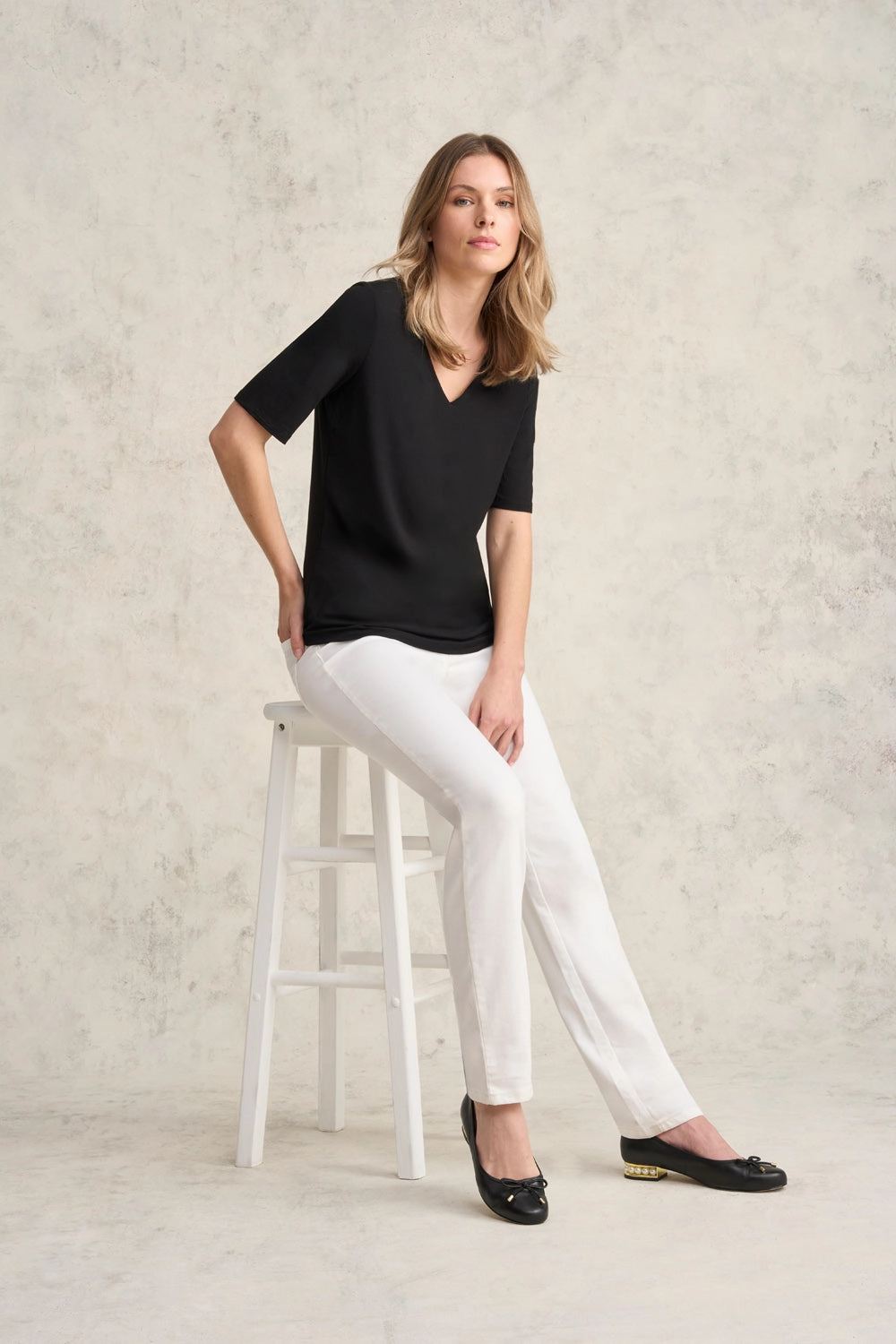 V-Neck Tee - Black Compact Weave Fabric Flexible Ribbing