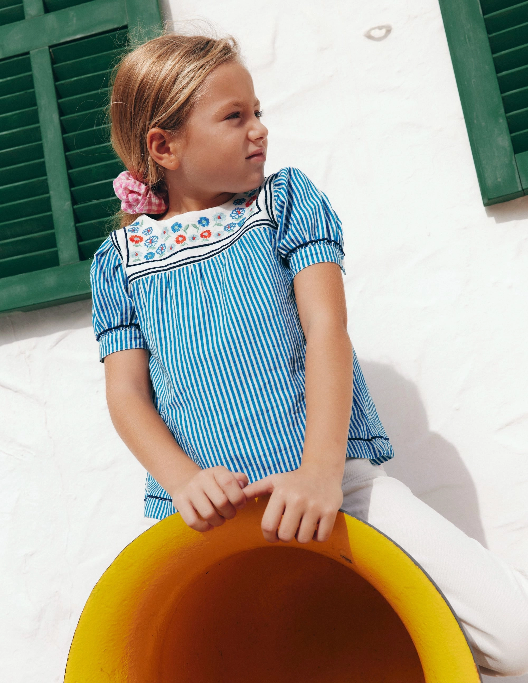 Layer Ready Curved Hem Puff Sleeve Sailors Top-Peacock Plume / Ivory Stripe