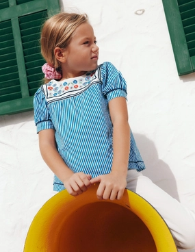 Layer Ready Curved Hem Puff Sleeve Sailors Top-Peacock Plume / Ivory Stripe