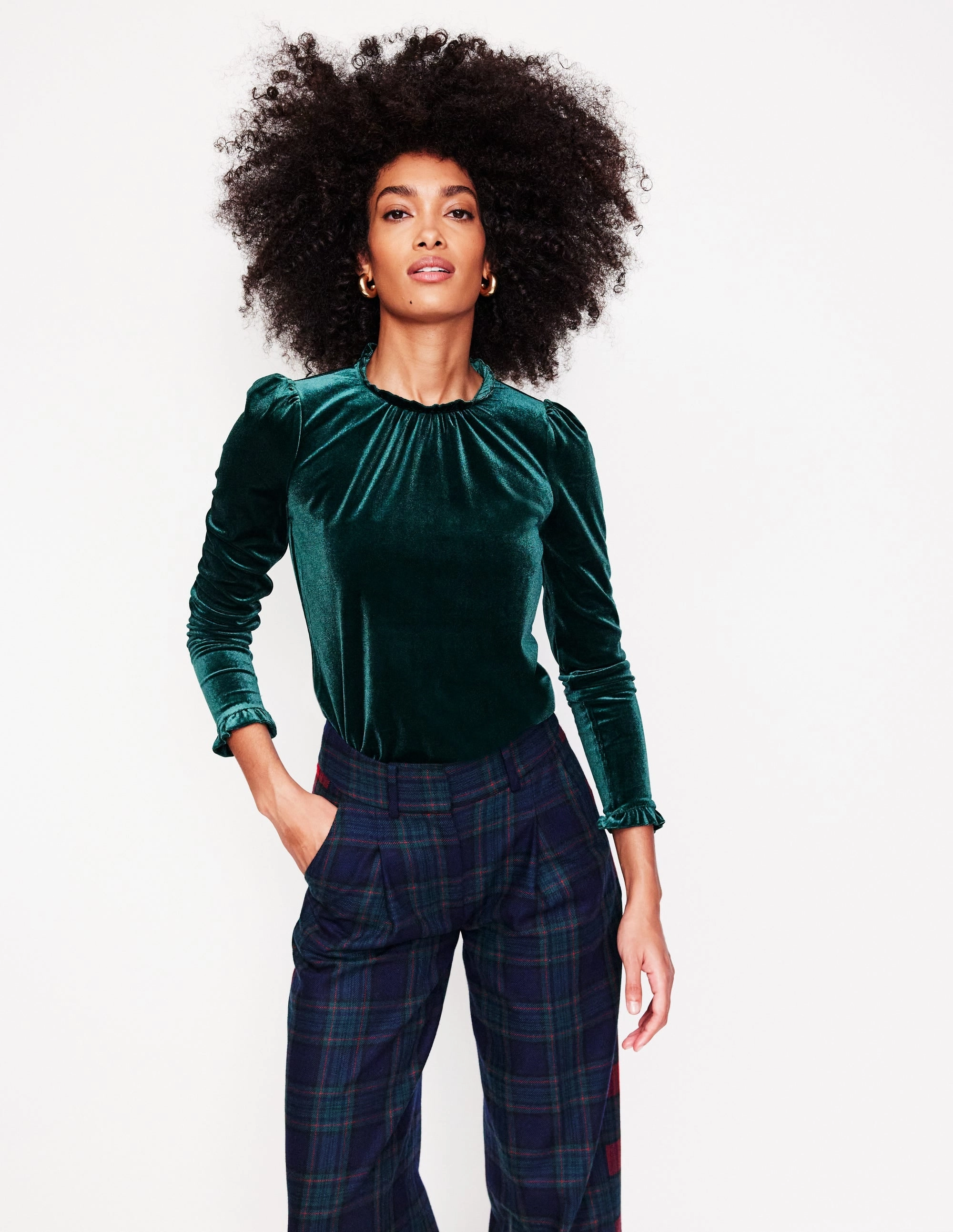 Seasonal Comfort Velvet Frill Neck Top-Glade