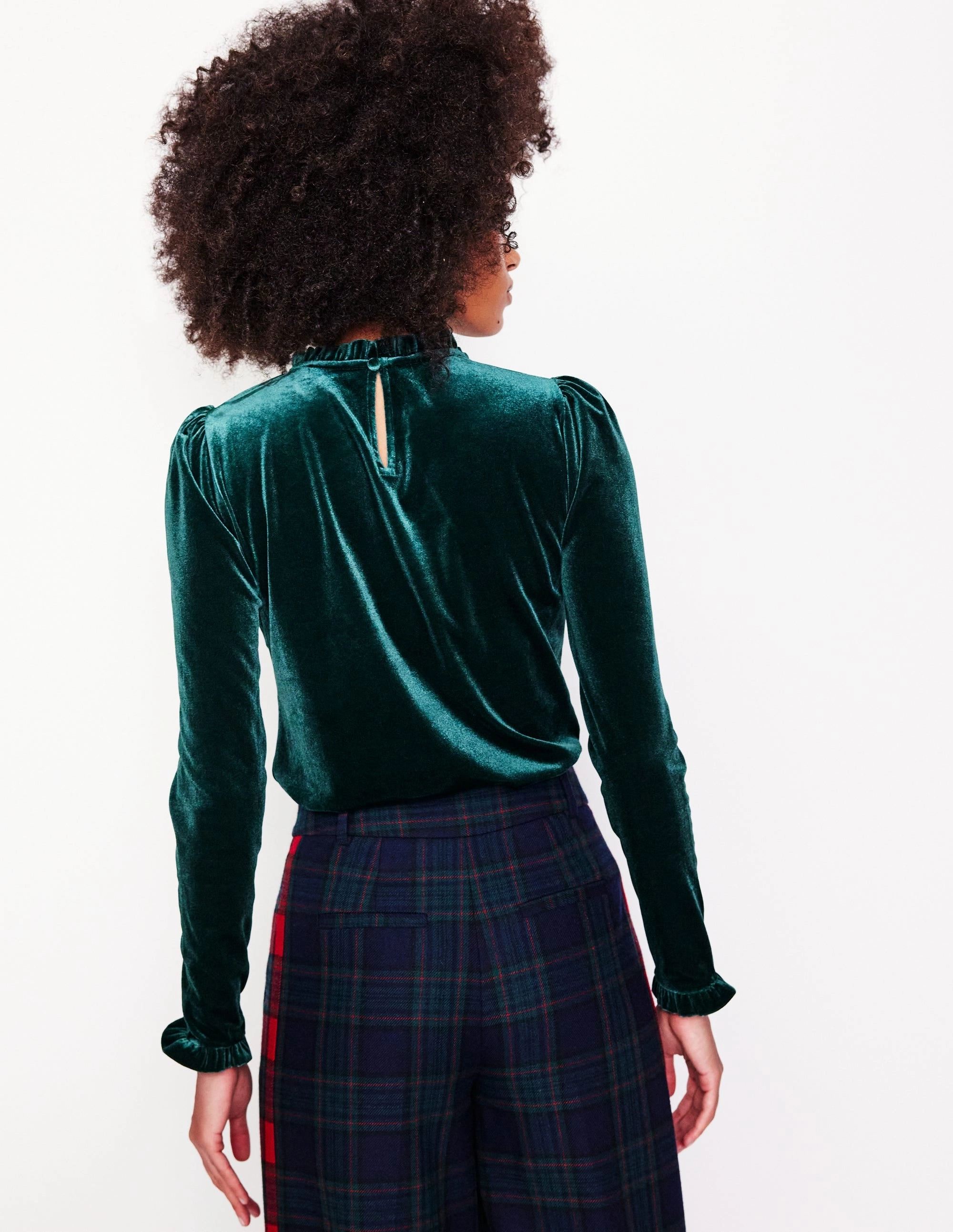 Sleek Waistband Soft Fit Wear Velvet Frill Neck Top-Glade