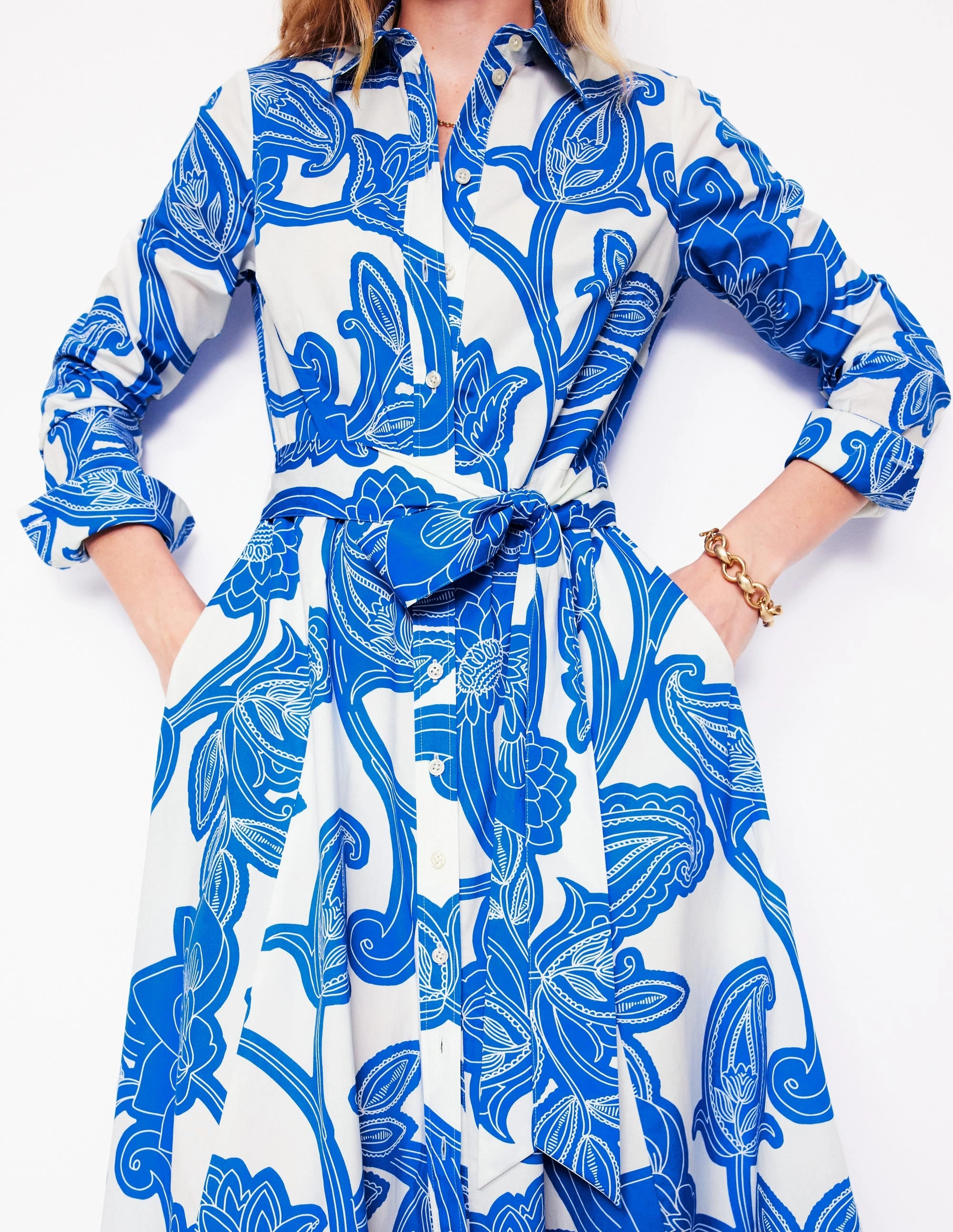 Air Touch Smart Fit Wear Amy Cotton Midi Shirt Dress-Cerulean Blue, Paisley Whirl