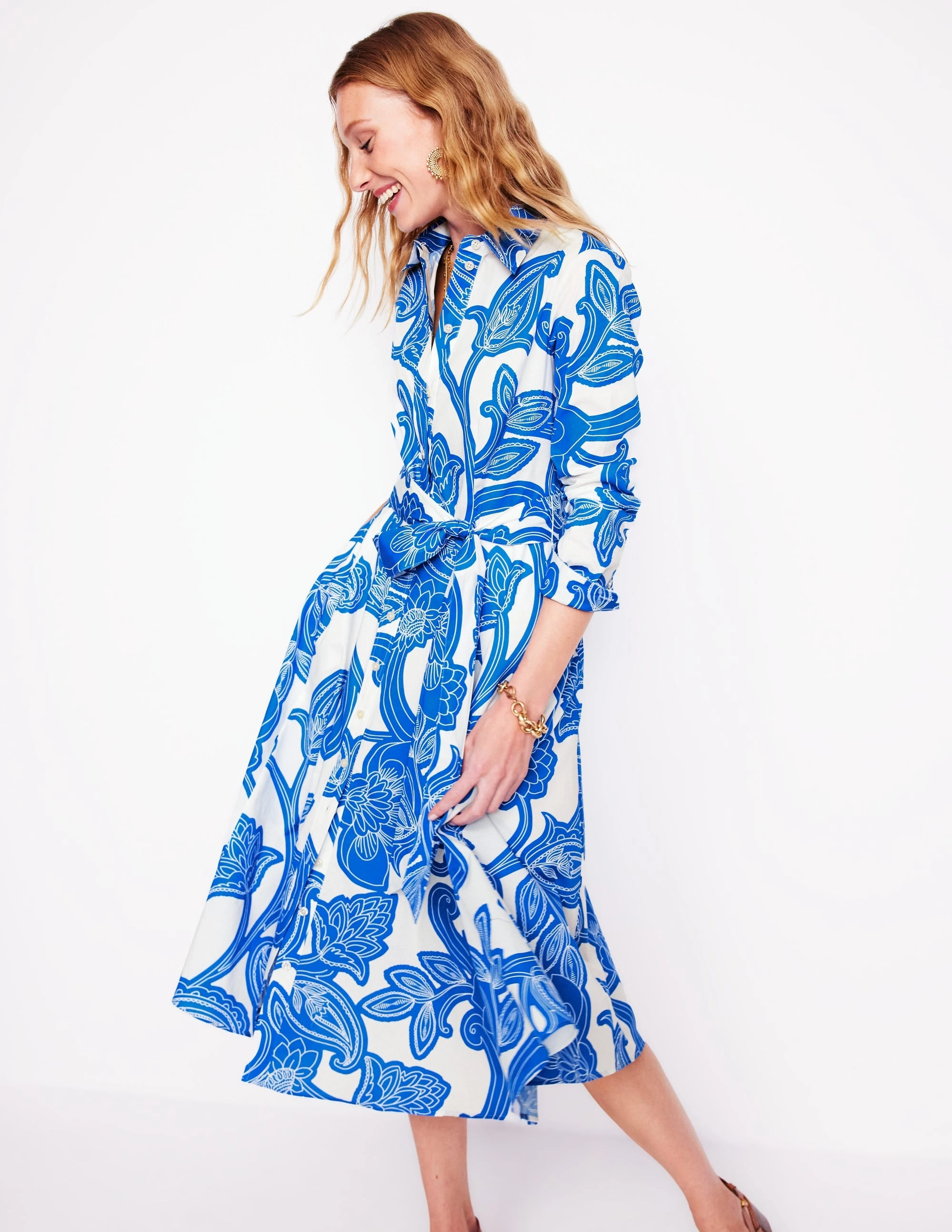 Refined Mood Amy Cotton Midi Shirt Dress-Cerulean Blue, Paisley Whirl