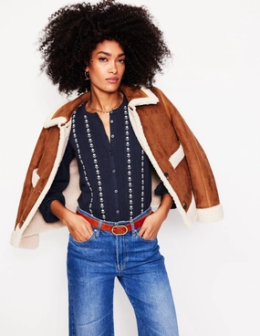 sequined details Geometric Pattern Marina Embroidered Shirt-Navy