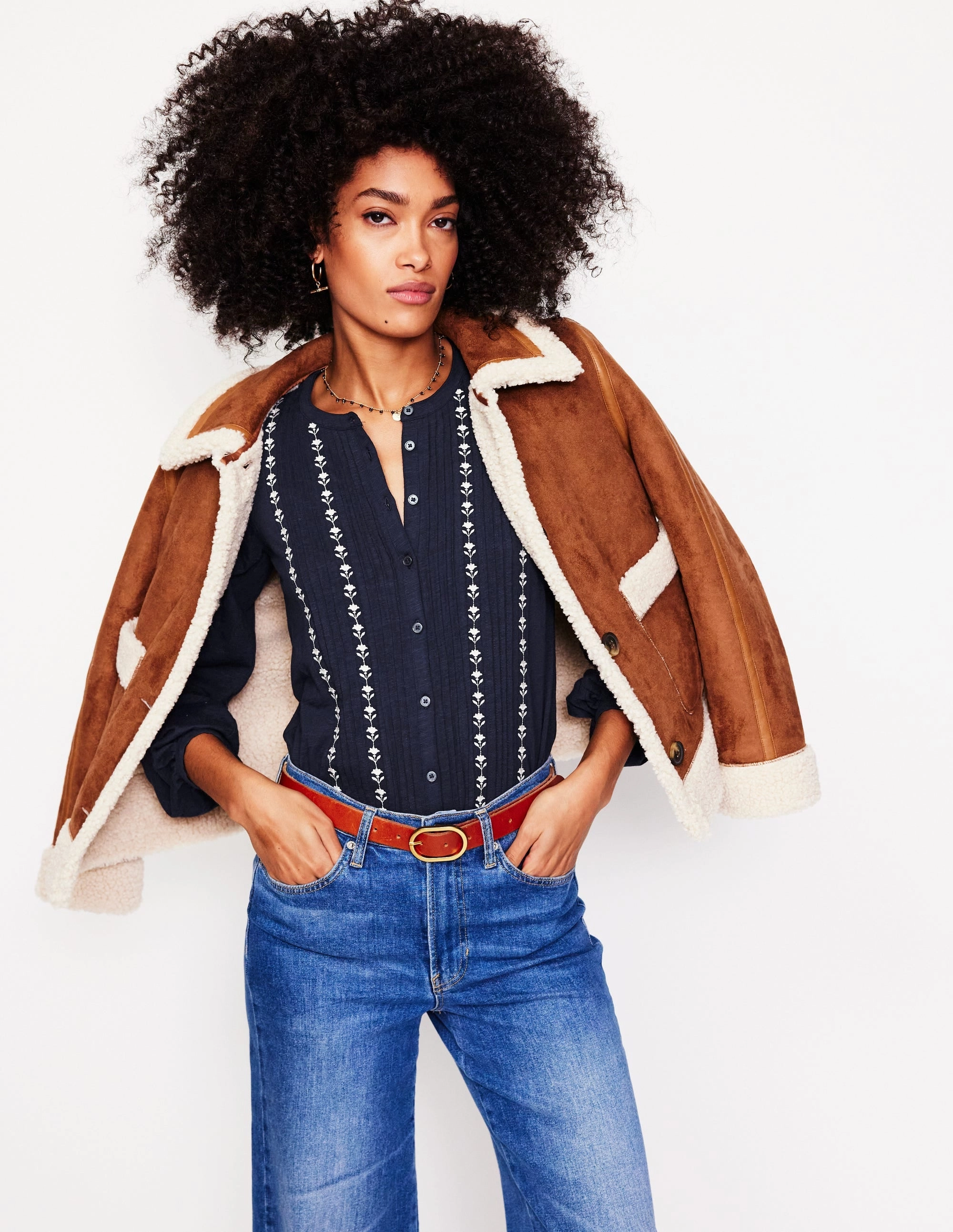 sequined details Geometric Pattern Marina Embroidered Shirt-Navy