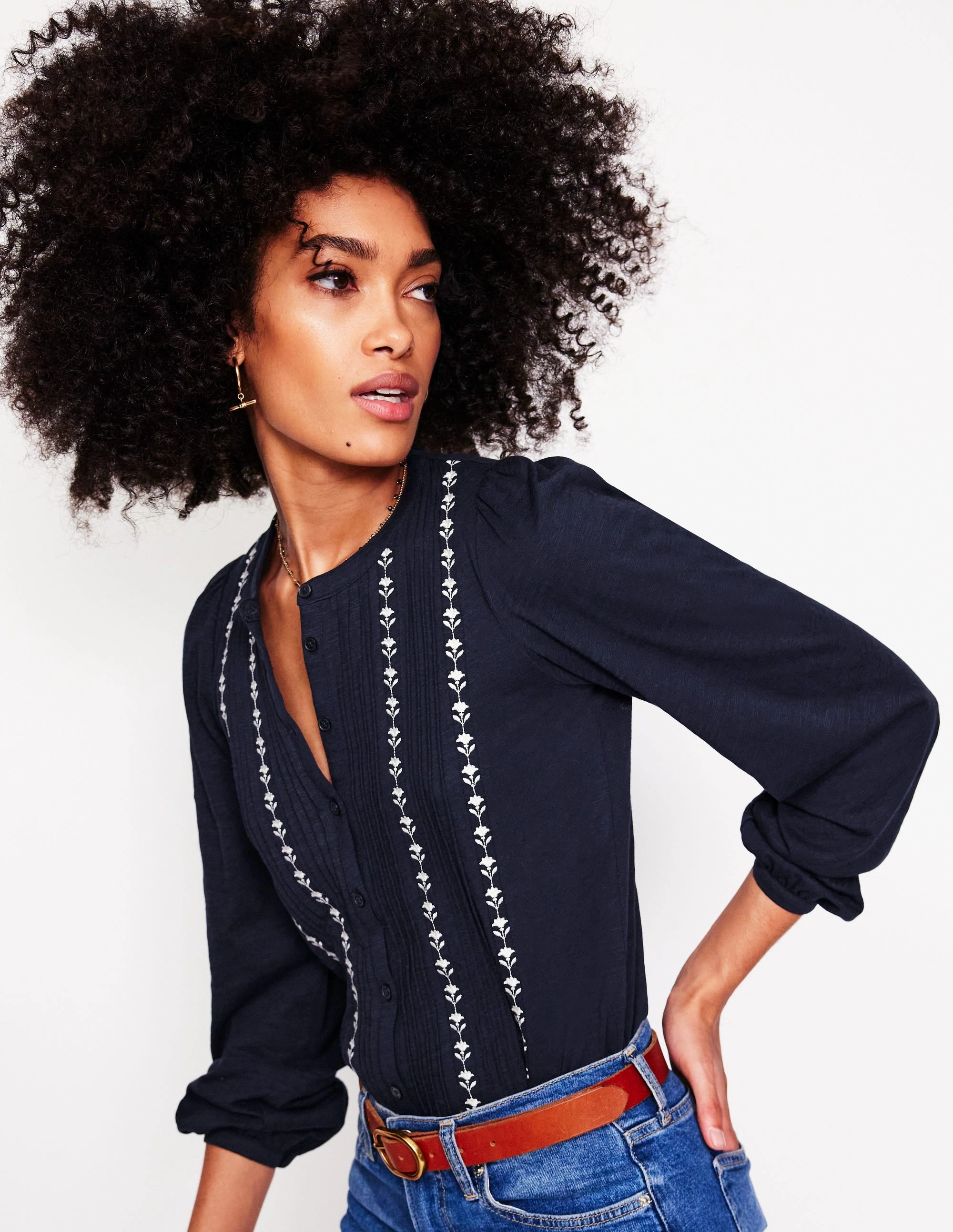 Marina Embroidered Shirt-Navy Quick Wear Reinforced Shoulder